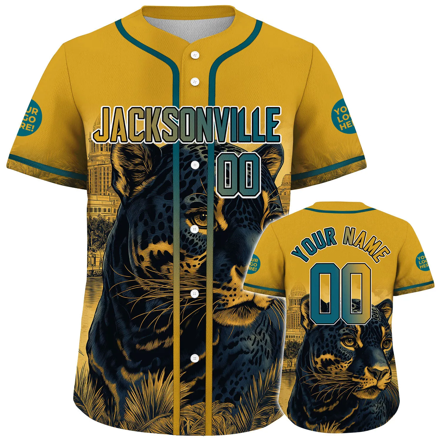 Yellow Teal Jacksonville Fierce Panther In City Custom Name Baseball Jerseys For Men & Women