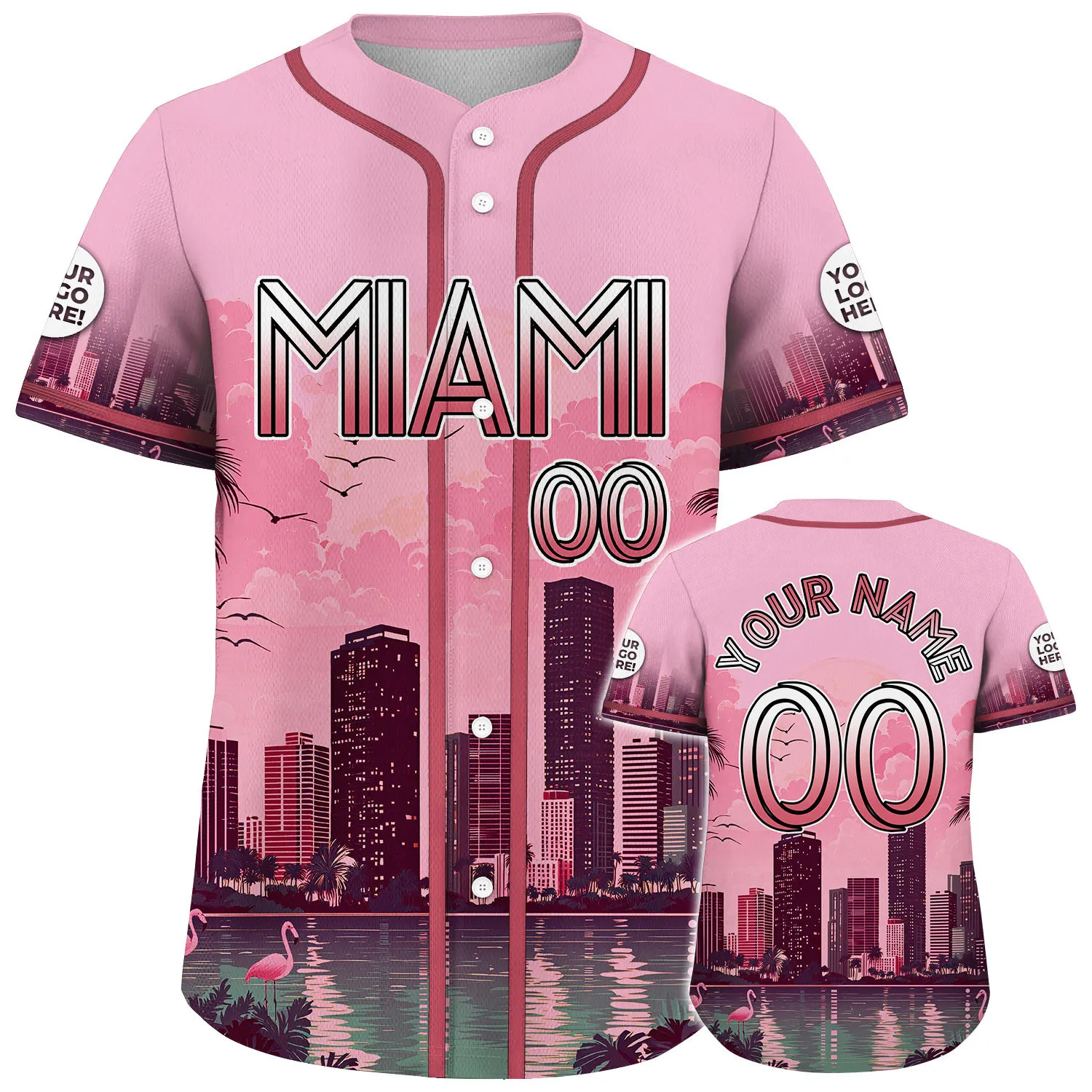 Red Light Pink Miami Sunset In Mordern City Custom Name Baseball Jerseys For Men & Women