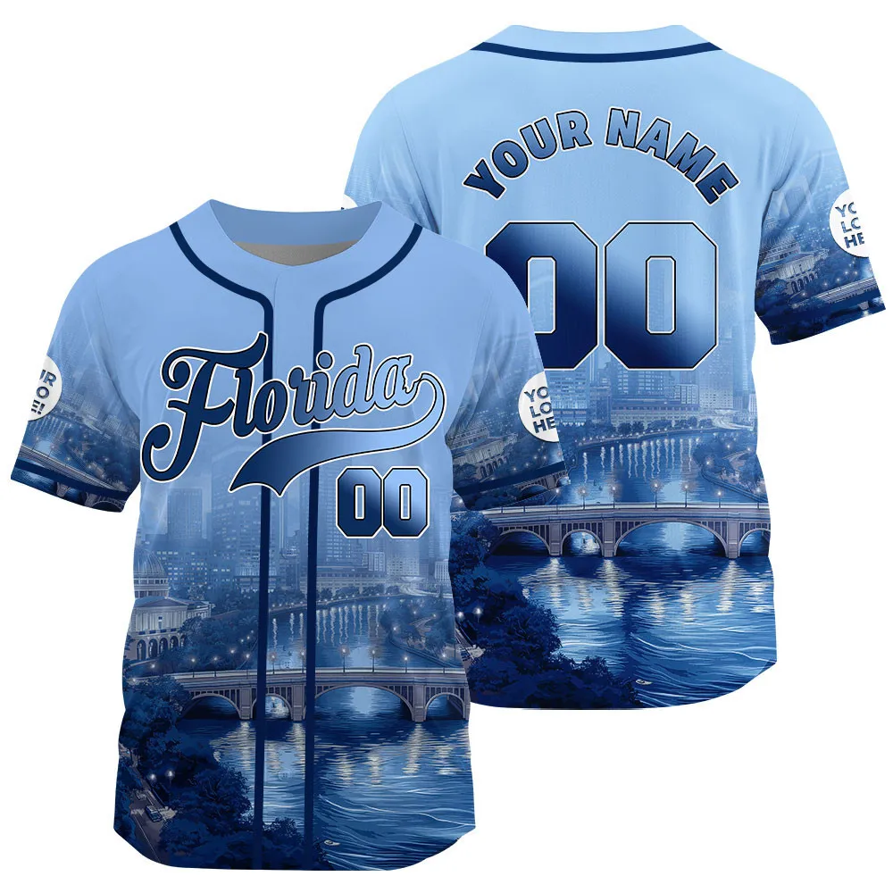 Light Blue Navy Florida Bridge Over River Custom Name Baseball Jerseys For Men & Women