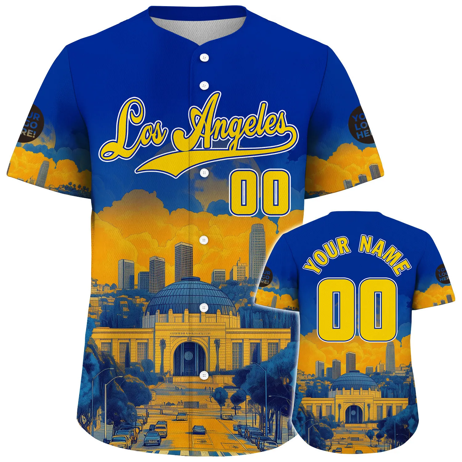 Yellow Blue California Los Angeles City Griffith Observatory Skyline Custom Name Baseball Jerseys For Men & Women