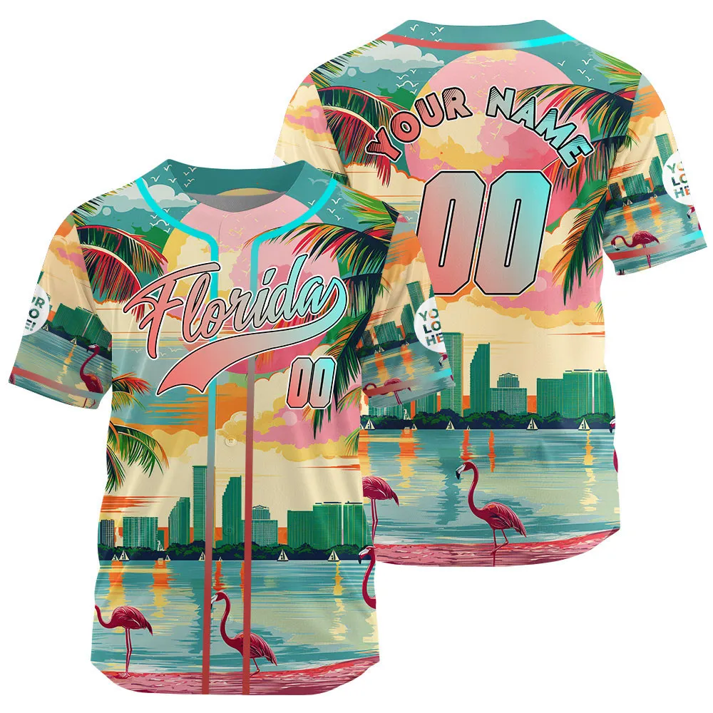 Light Pink Teal Florida Miami City Flamingo In Tropical Beach Custom Name Baseball Jerseys For Men & Women
