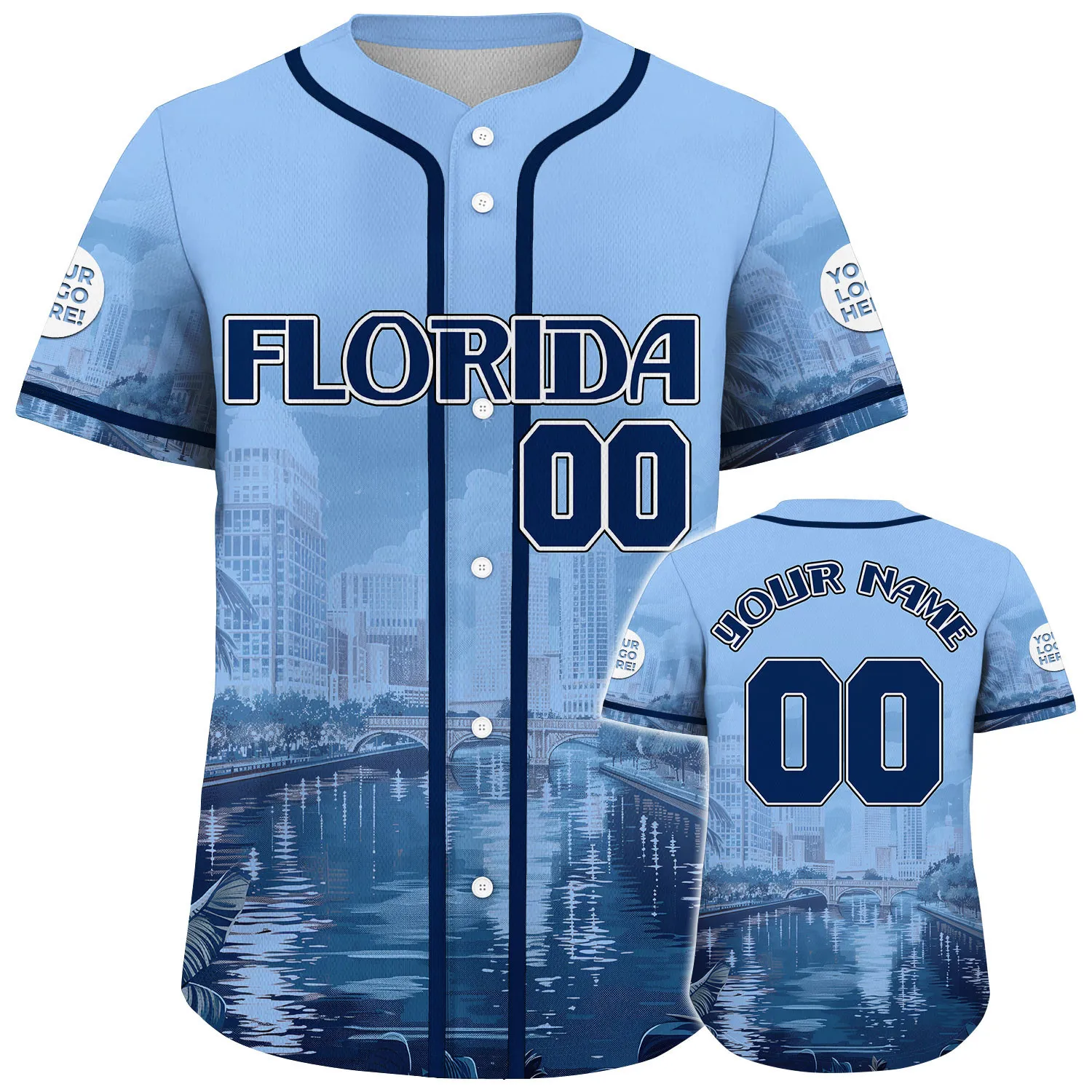 Light Blue Navy Florida Urban River Over City Skyline Custom Name Baseball Jerseys For Men & Women