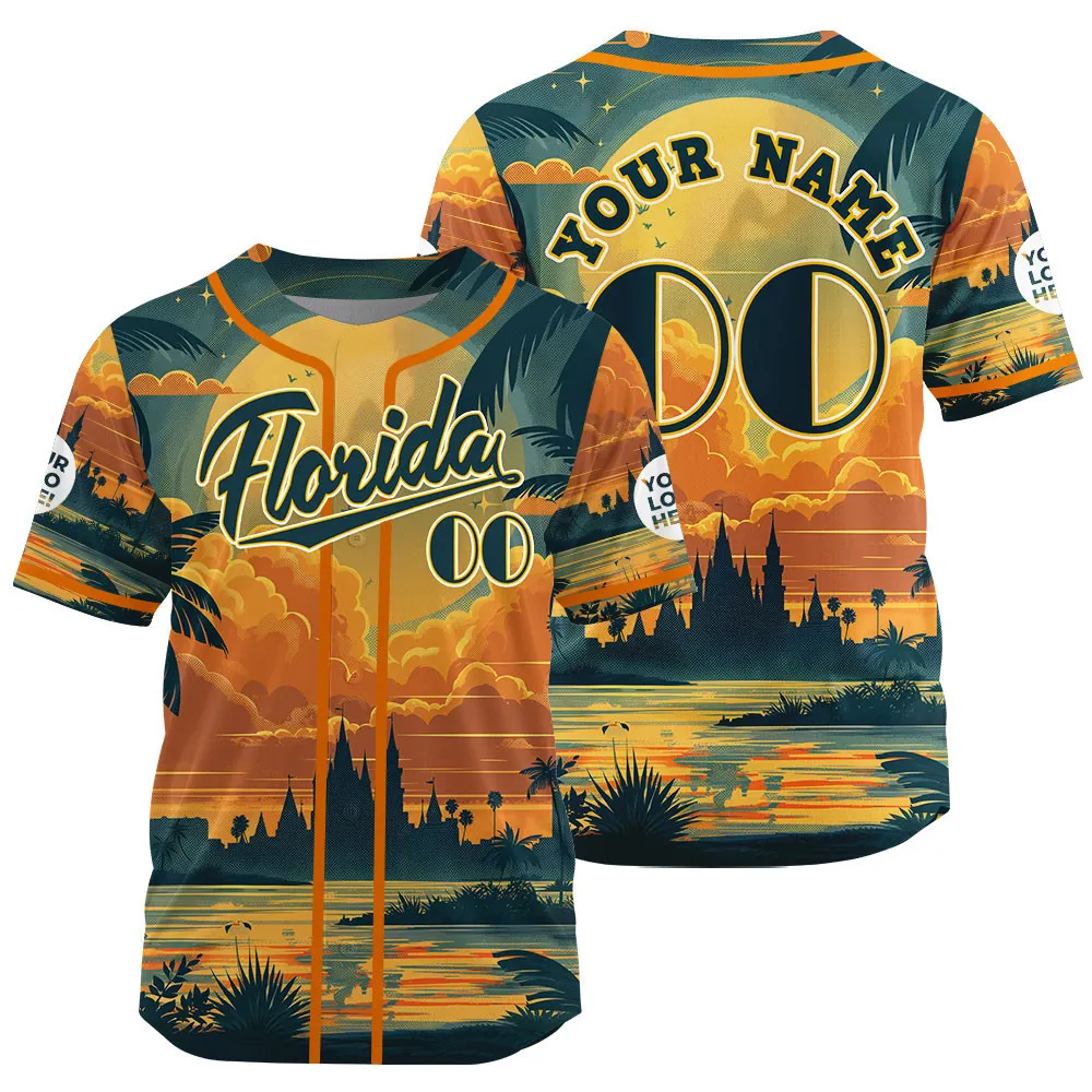 Teal Orange Florida Summer Beach In Sunset Custom Name Baseball Jerseys For Men & Women