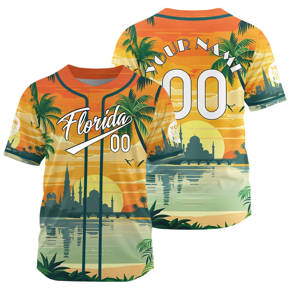 Green Orange Florida Summer Beach In Dawn Custom Name Baseball Jerseys For Men & Women