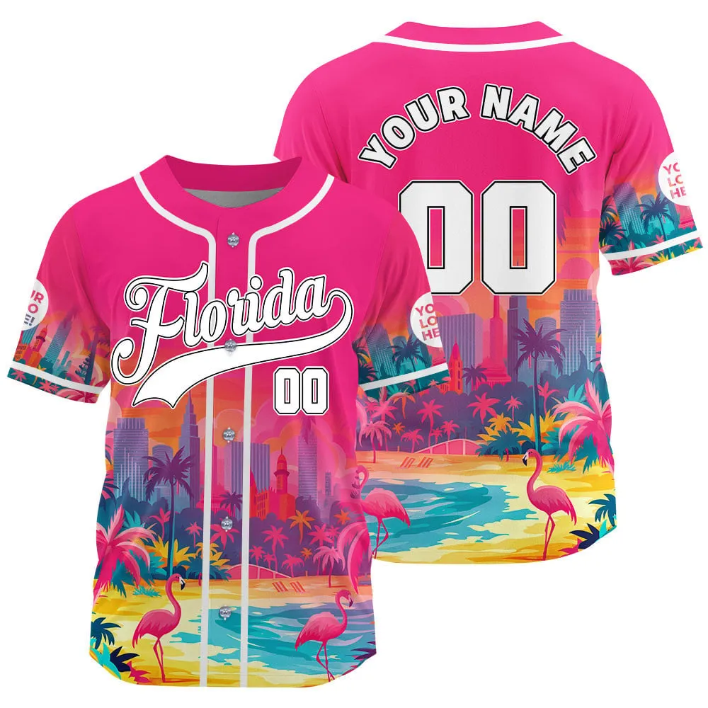 White Pink Florida Miami City Flamingo Tropical Summer Vibe Custom Name Baseball Jerseys For Men & Women