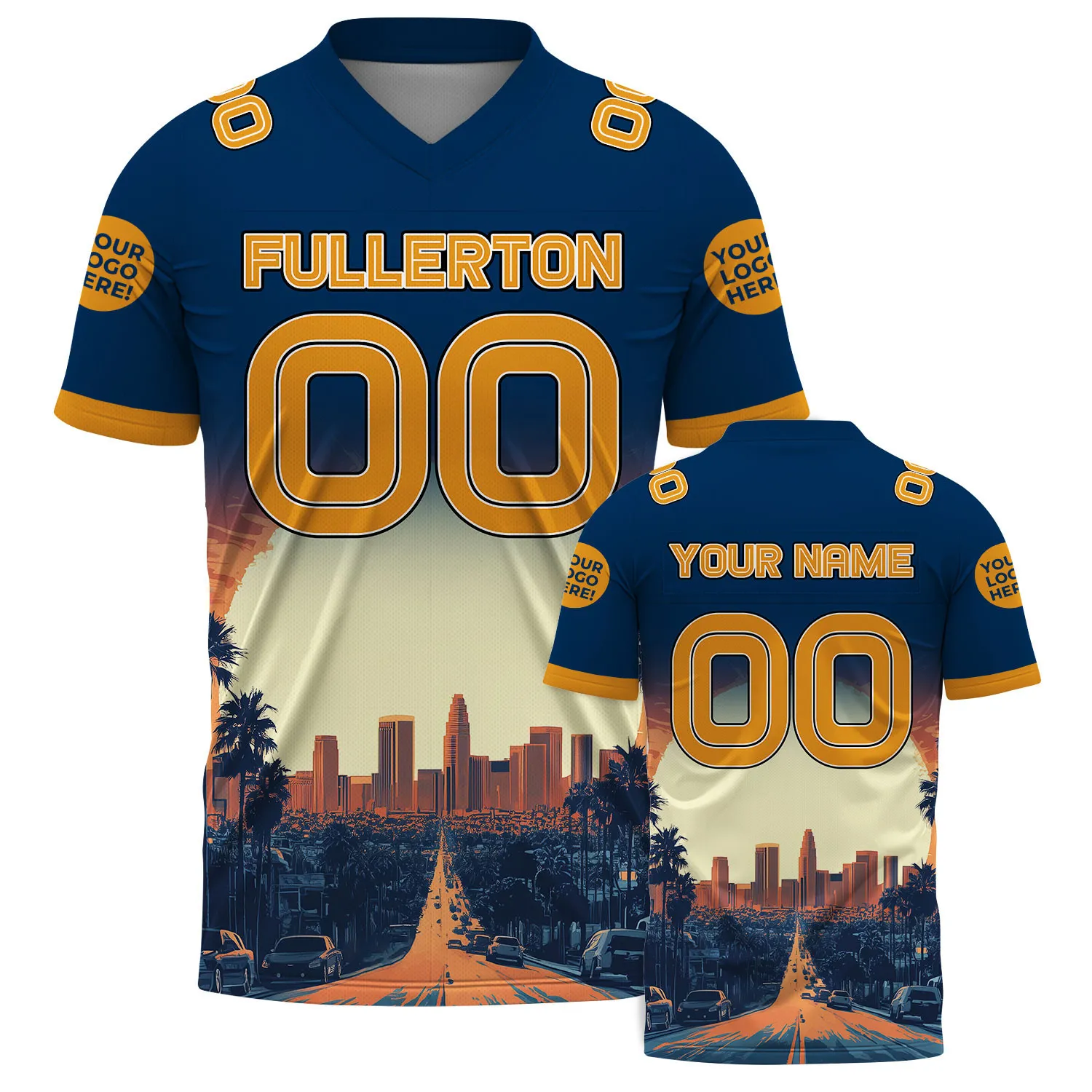 Orange Blue Fullerton California City Huge Summer Sunset Custom Name Football Jersey For Men & Women