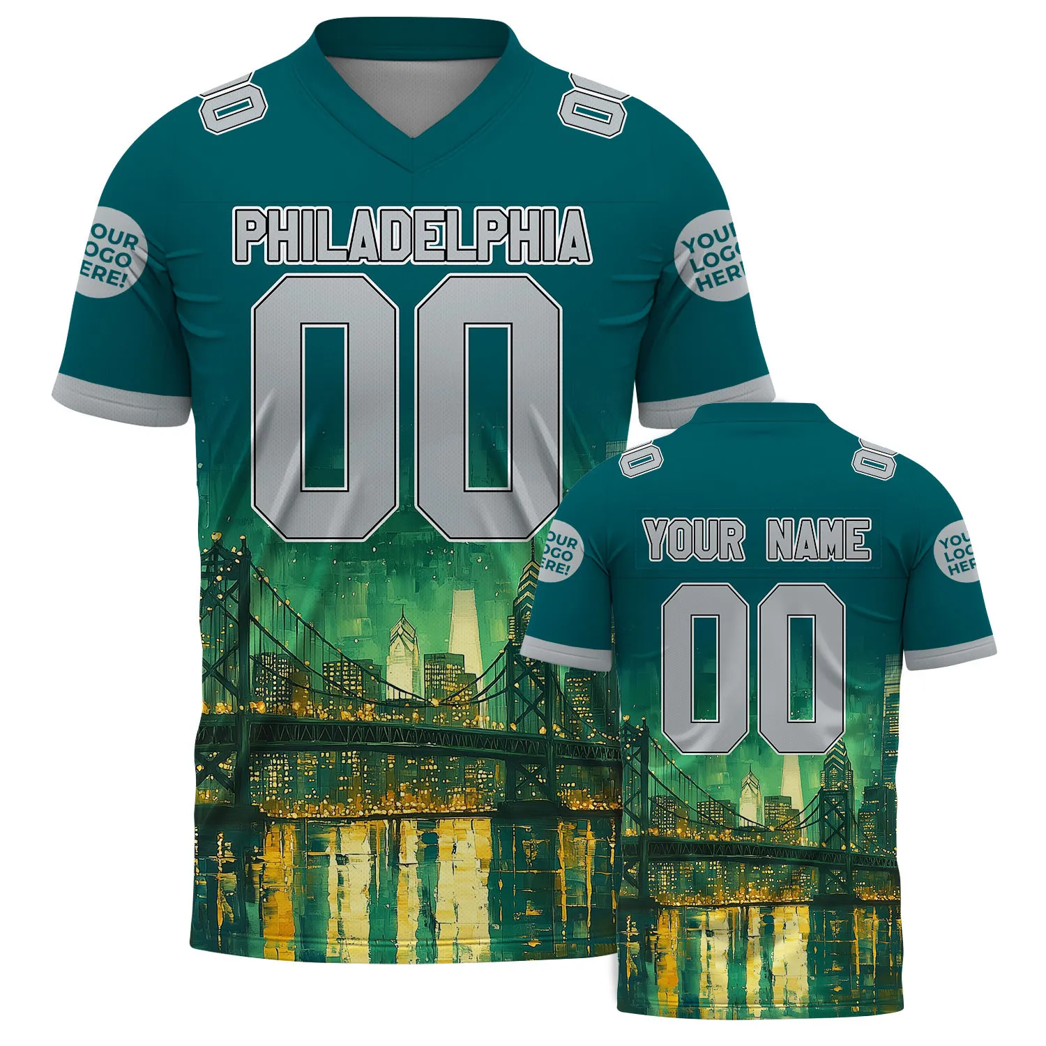 Silver Midnight Green Philadelphia Pennsylvania Ben Franklin Bridge Liberty Palace City Night Custom Name Football Jersey For Men & Women
