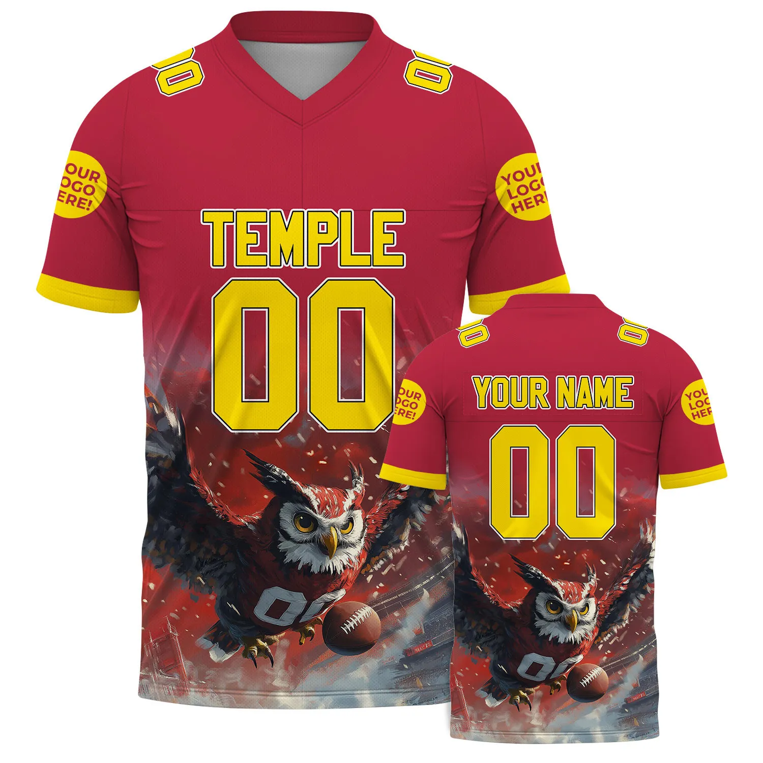 Gold Red Cardinal Temple Pennsylvania Hooter Owl Lincoln Financial Field Custom Name Football Jersey For Men & Women