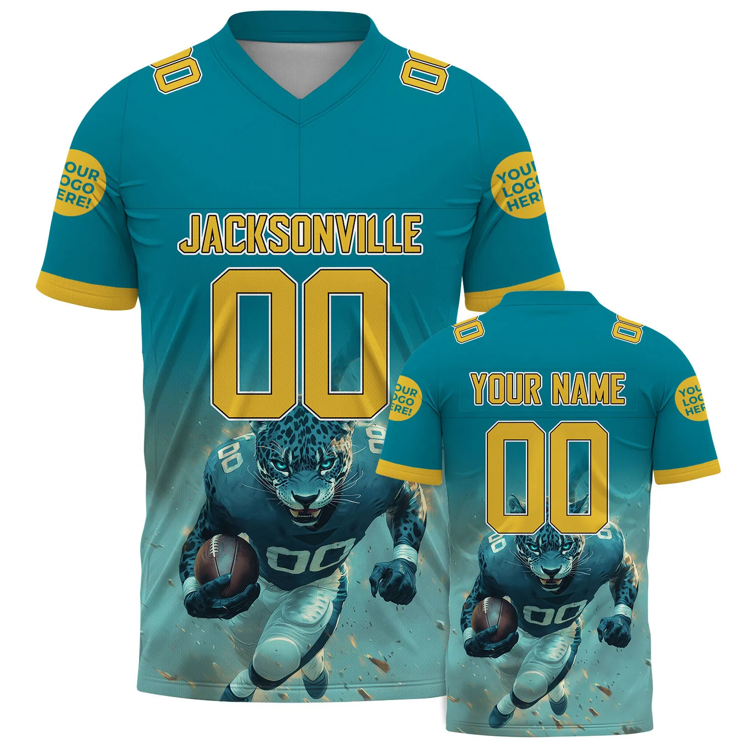 Gold Teal Jacksonville Florida Fierce Jaguar Player Custom Name Football Jersey For Men & Women