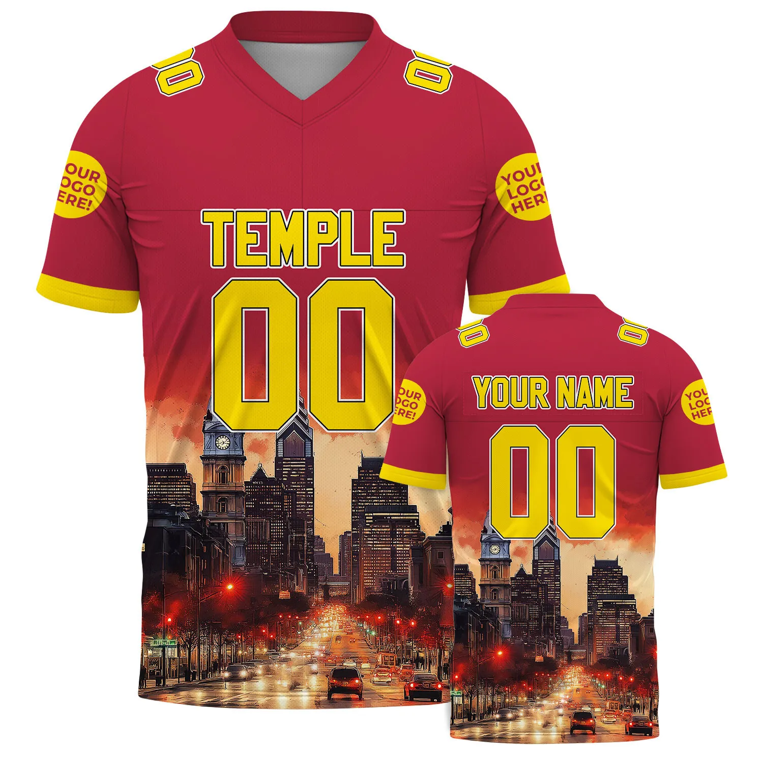 Gold Red Cardinal Temple Pennsylvania Philadelphia City Hall Night Light Custom Name Football Jersey For Men & Women