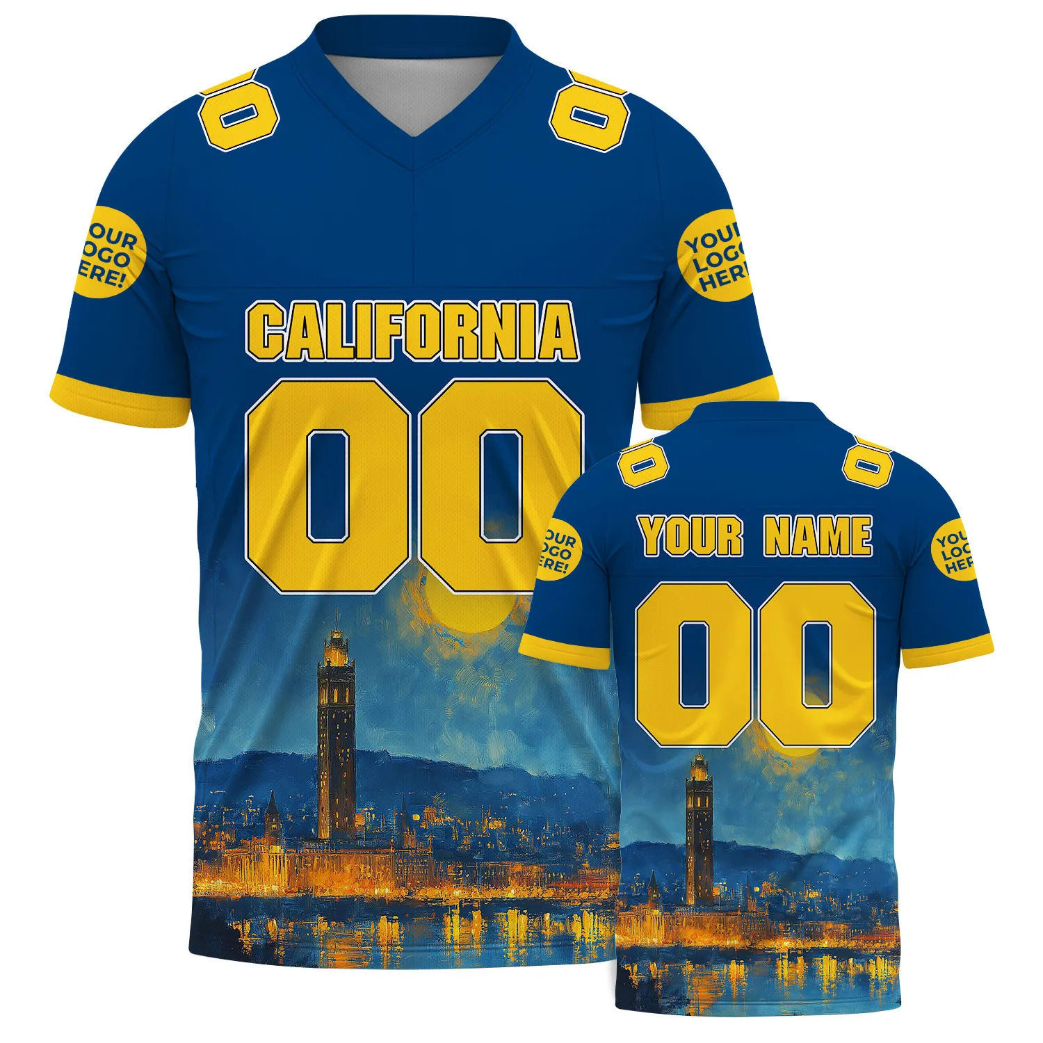 Gold Berkeley Blue California Sather Tower Campanile Custom Name Football Jersey For Men & Women
