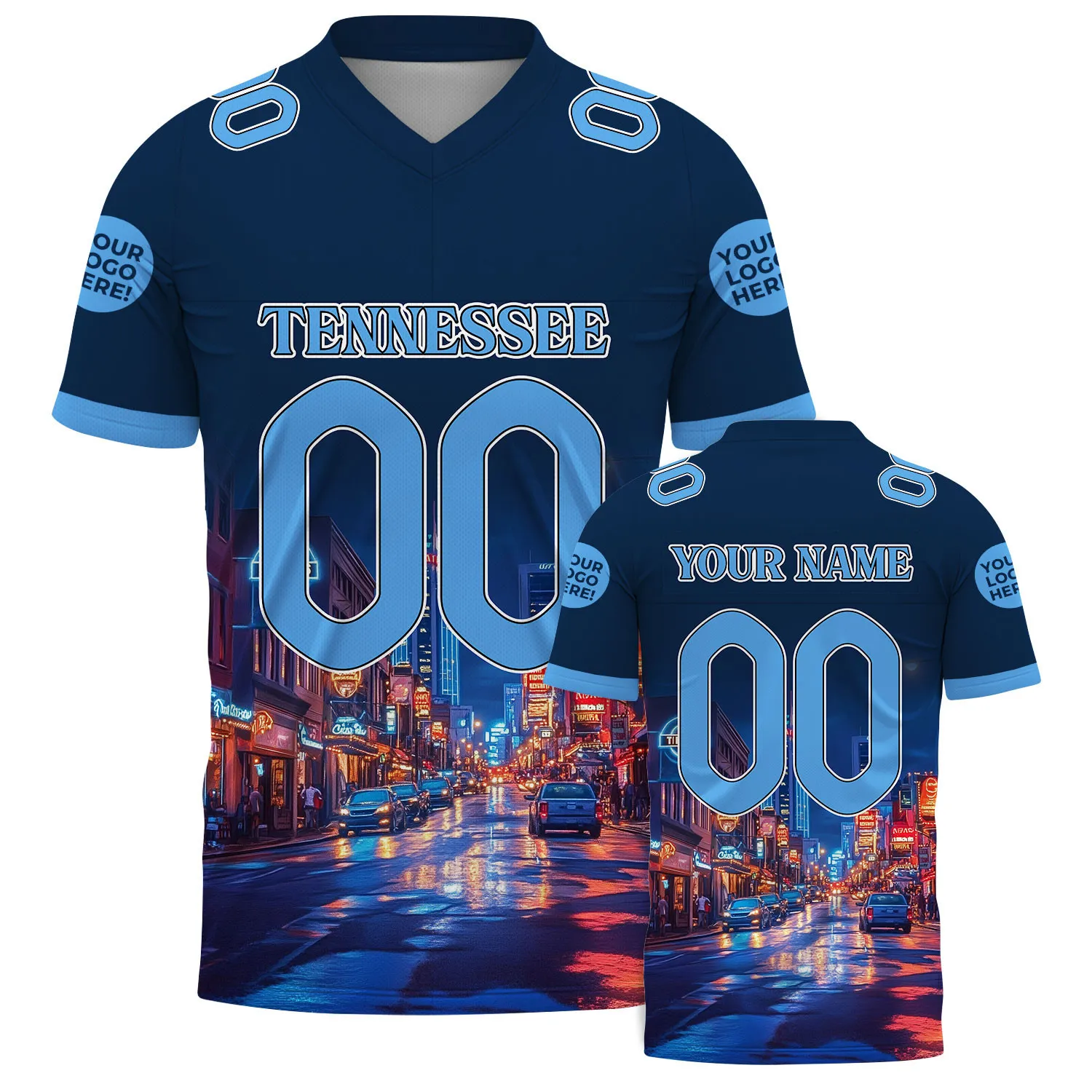 Titan Blue Navy Tennessee Nashville Broadway Street Night Custom Name Football Jersey For Men & Women