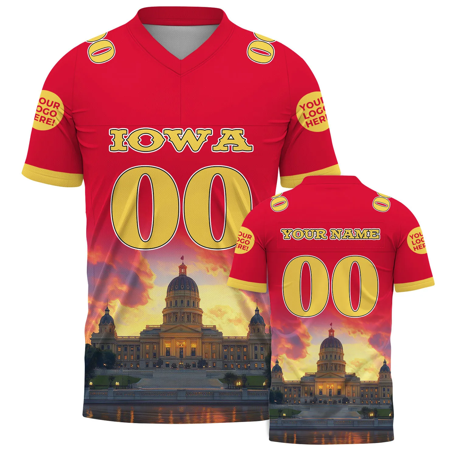 Gold Red Cardinal State Capitol Skyline Custom Name Football Jersey For Men & Women