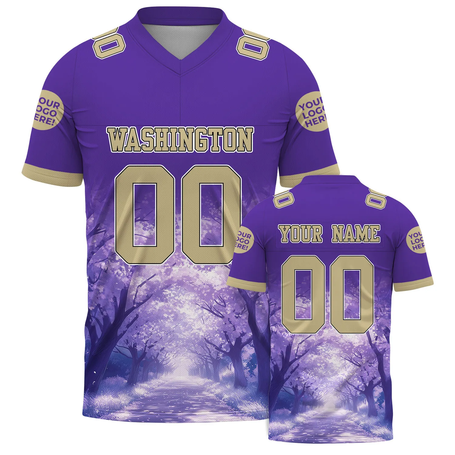 Metallic Gold Purple Washington Cherry Blossom Custom Name Football Jersey For Men & Women