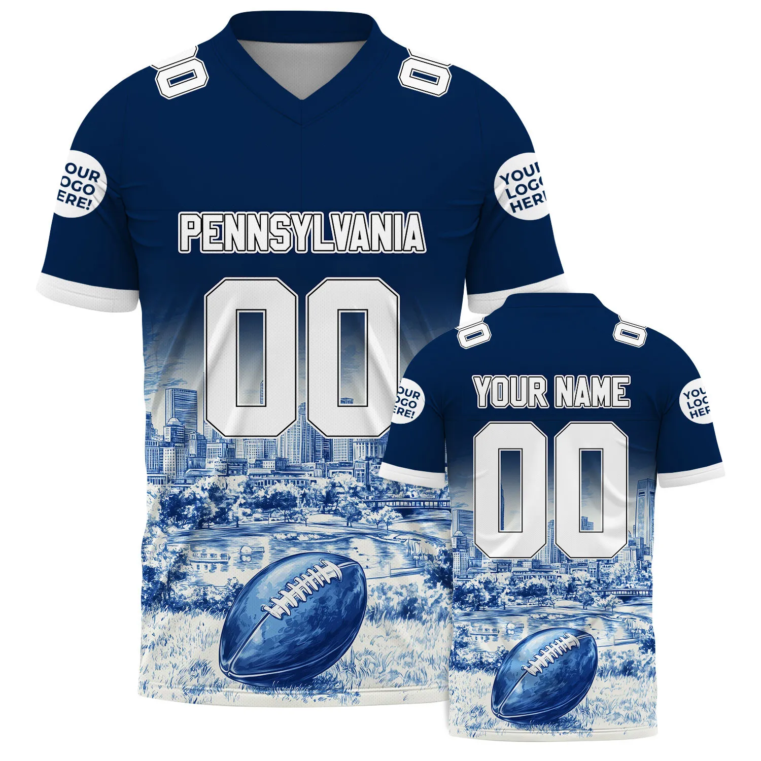 White Navy Pennsylvania Liberty Place Comcast Center Rugby Ball Custom Name Football Jersey For Men & Women