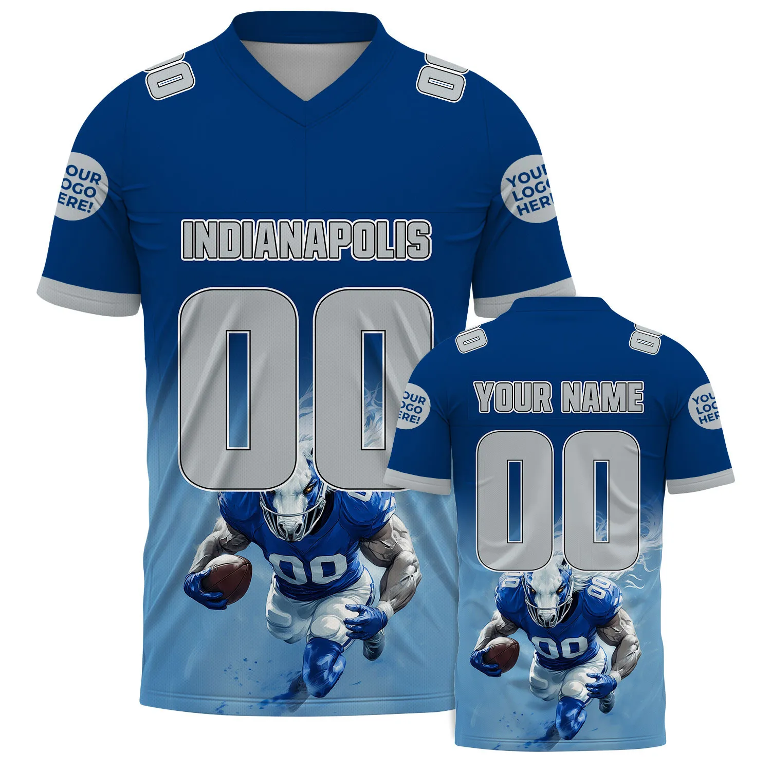 Gray Blue Indianapolis Indiana Fierce Horse Player Skyline Custom Name Football Jersey For Men & Women