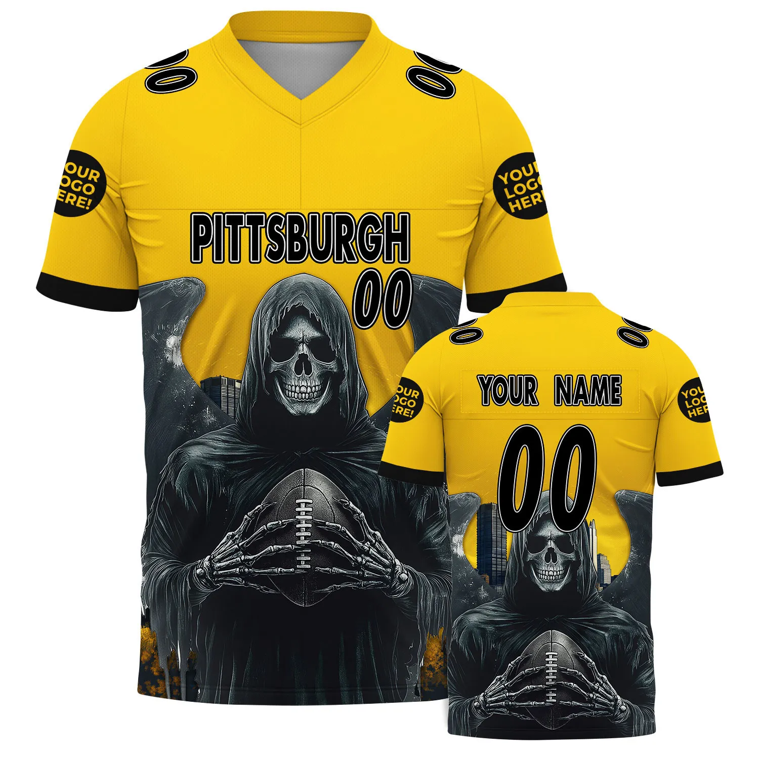 Gold Black Pittsburgh Grim Reaper Hold Football Football Jersey For Men & Women
