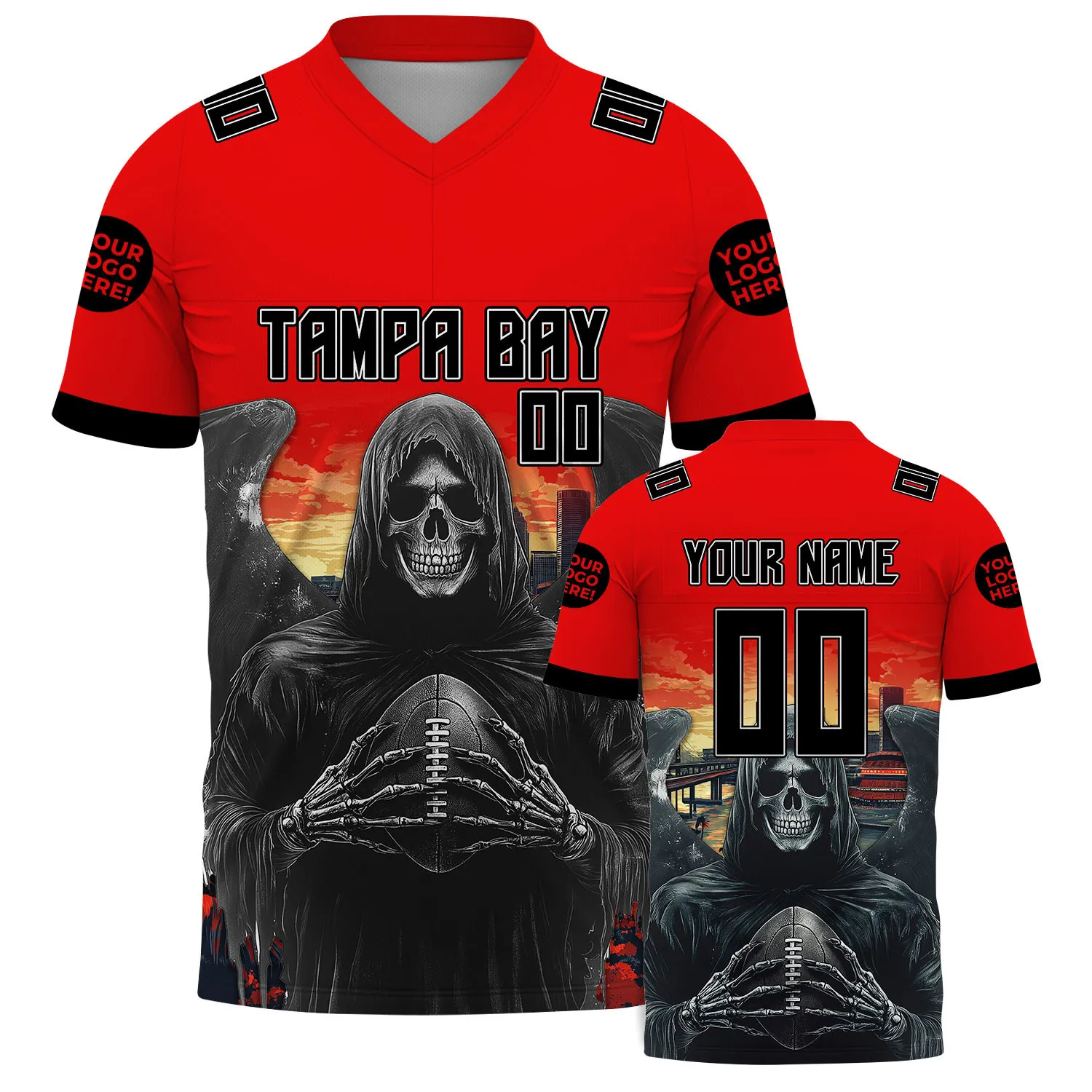 Black Red Tampa Bay Florida Grim Reaper Hold Football Custom Name Football Jersey For Men & Women