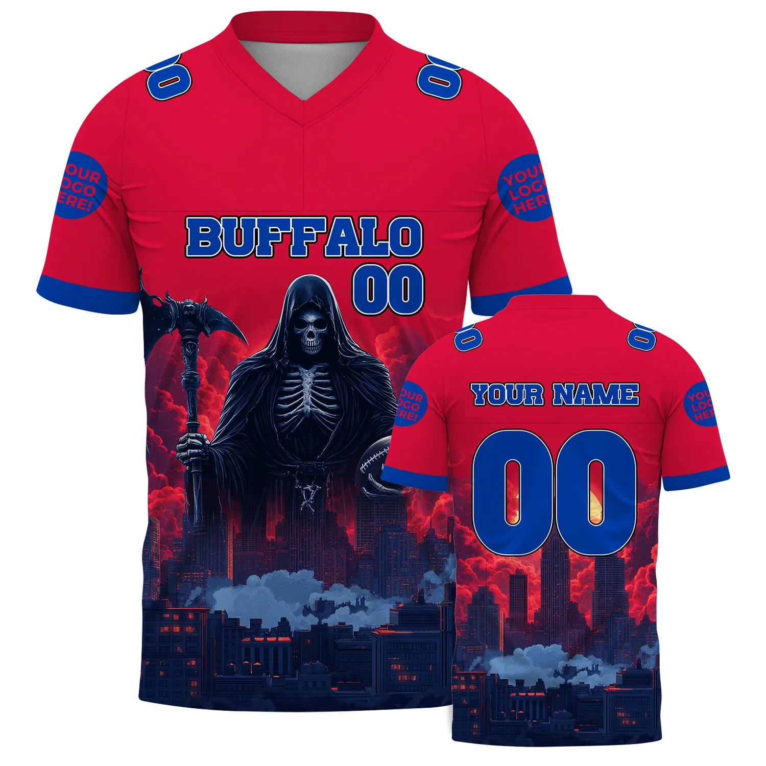 Red Blue Buffalo Huge Grim Reaper Hold Football City In Mist Football Jersey For Men & Women