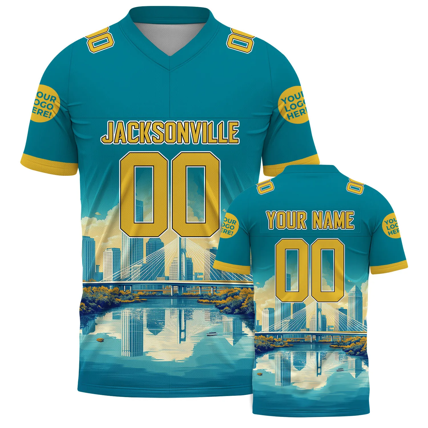 Gold Teal Jacksonville Florida Dames Point Bridge River View Custom Name Football Jersey For Men & Women