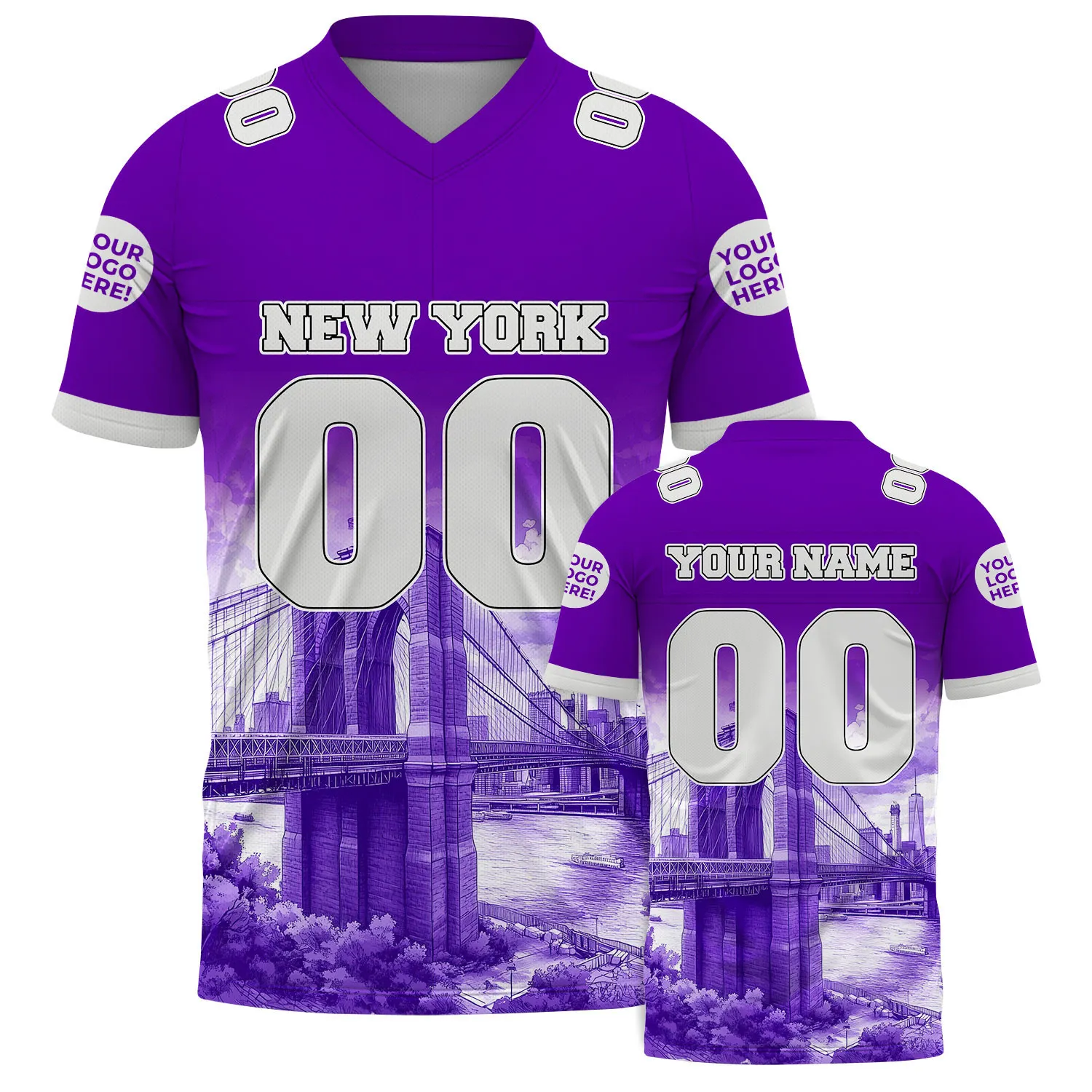 Gray Purple New York Brooklyn Bridge Freedom Tower Custom Name Football Jersey For Men & Women