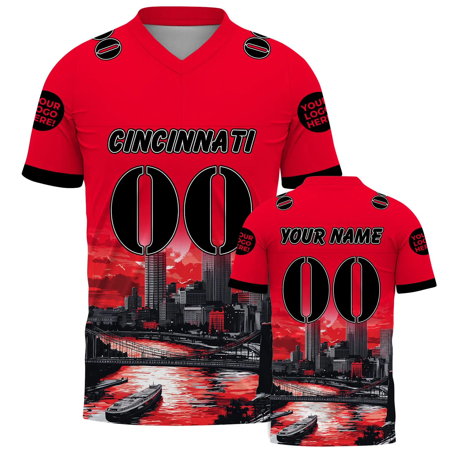 Black Red Cincinnati Ohio Carew Tower River View Custom Name Football Jersey For Men & Women