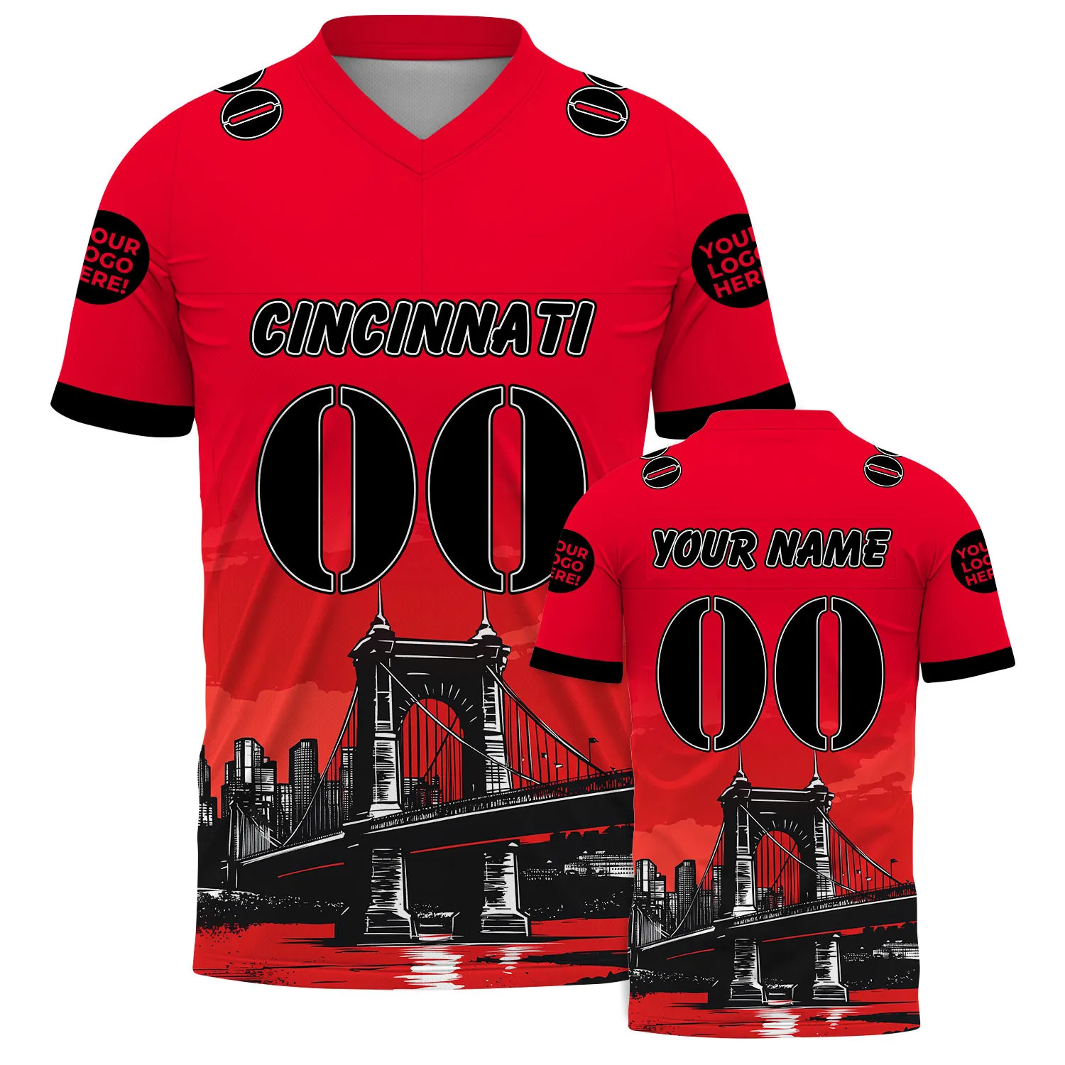 Black Red Cincinnati Ohio John A Roebling Suspension Bridge Sunset Custom Name Football Jersey For Men & Women