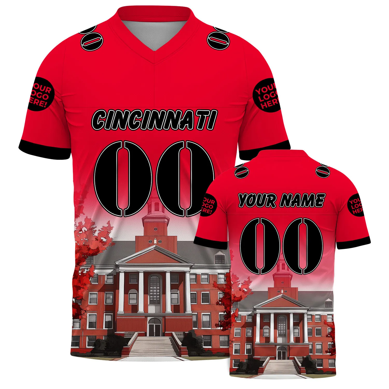Black Red Cincinnati Ohio McMicken Hall Custom Name Football Jersey For Men & Women