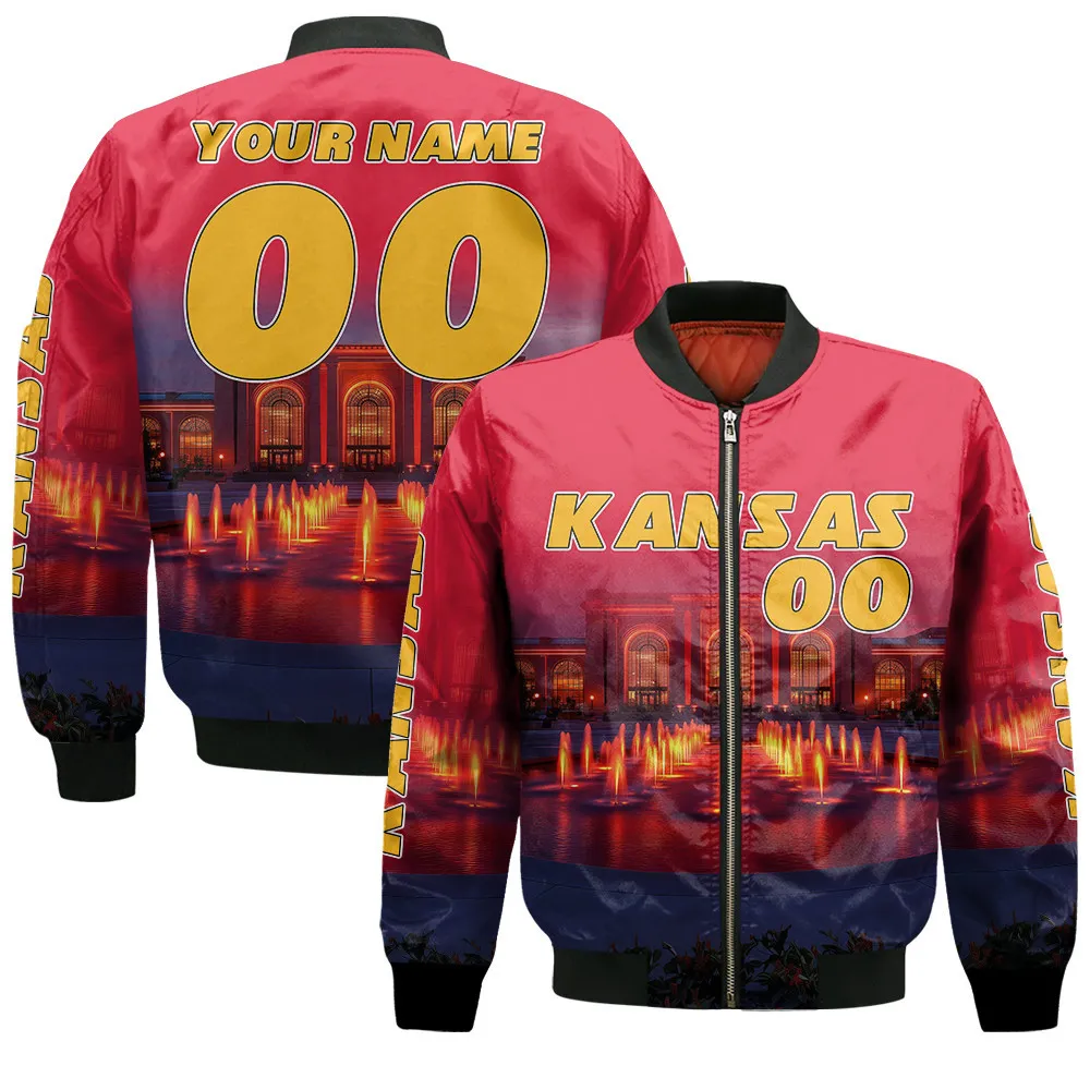 Red Gold Kansas Missouri Union Station Night Light Custom Name Football Jersey For Men & Women