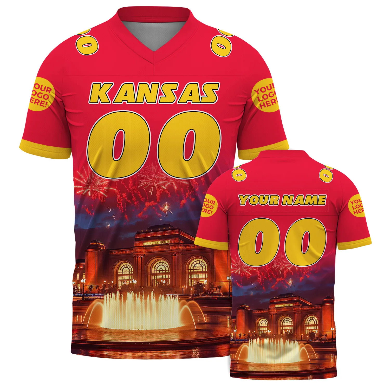 Red Gold Kansas Missouri Union Station Firework Night Custom Name Football Jersey For Men & Women