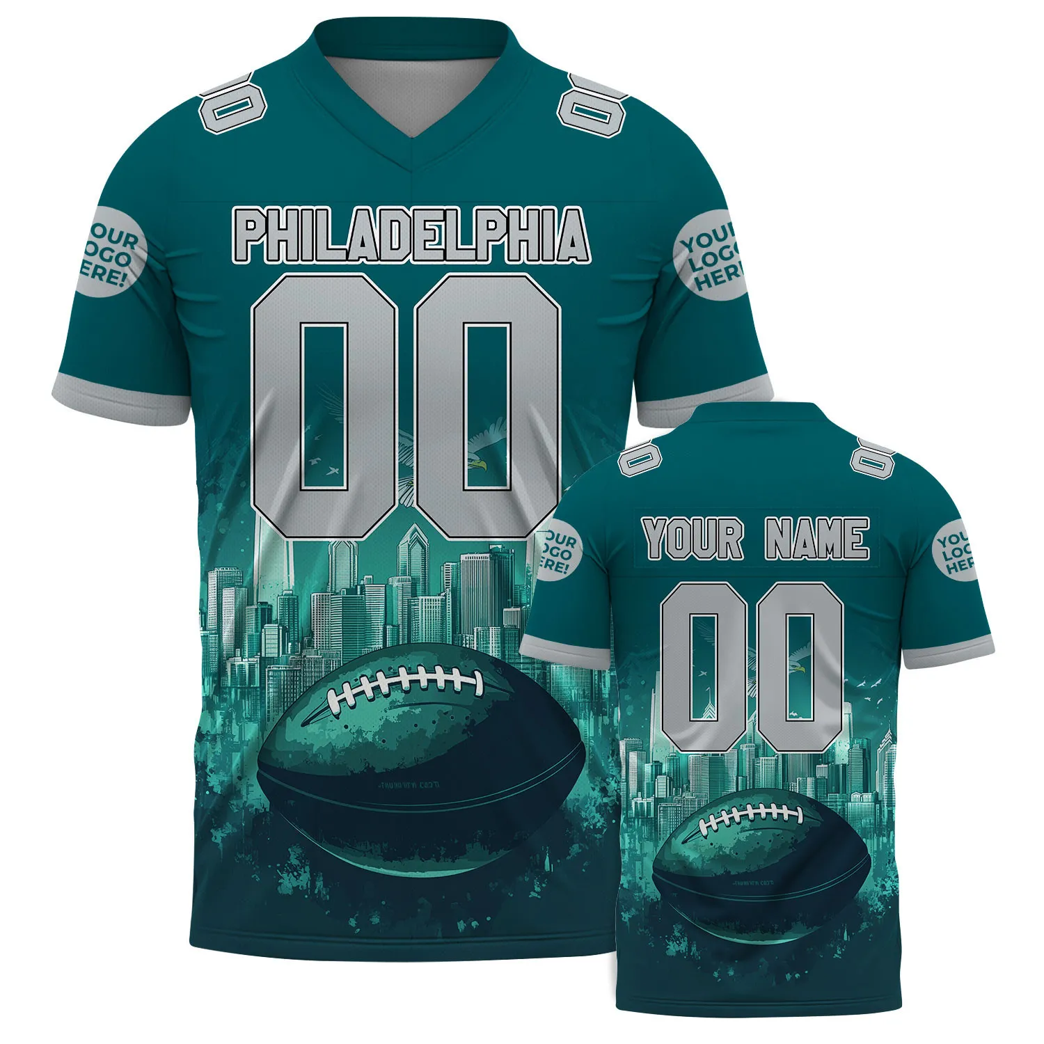 Silver Midnight Green Philadelphia Pennsylvania Rugby Ball City Night Eagle Custom Name Football Jersey For Men & Women