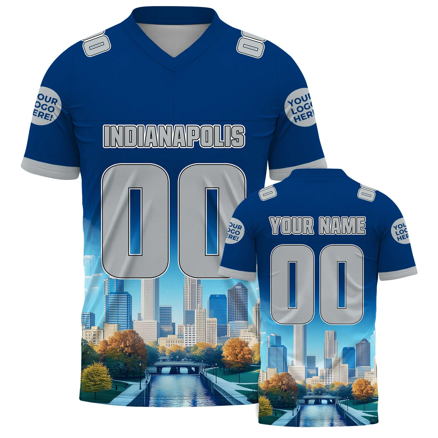 Gray Blue Indianapolis Indiana Canal Walk Custom Name Football Jersey For Men & Women