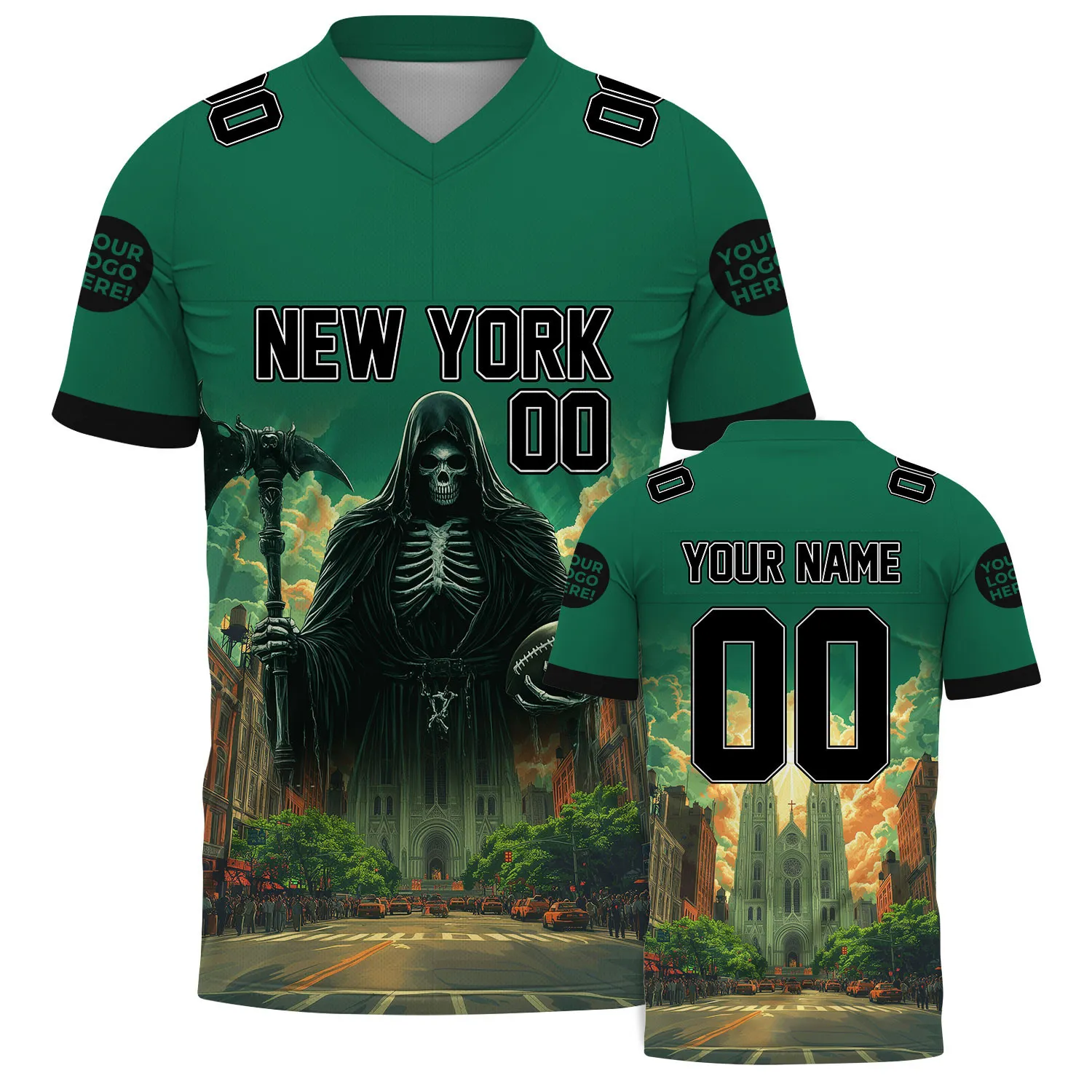 Gotham Green Stealth Black New York Grim Reaper Hold Football St Patrick Cathedral Football Jersey For Men & Women
