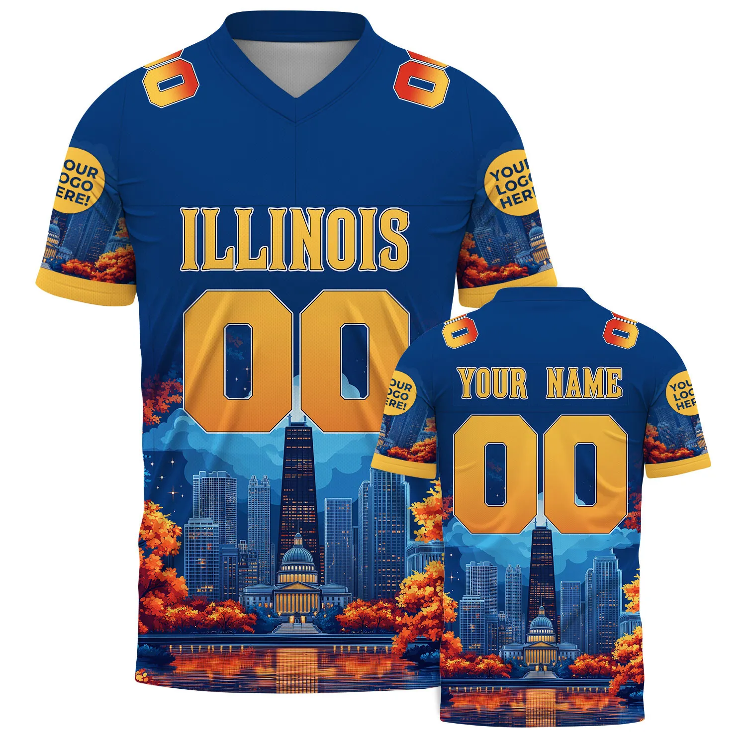 Navy Gold Illnois Willis Tower State Capitol Buiding Autumn Vibe Football Jersey For Men & Women
