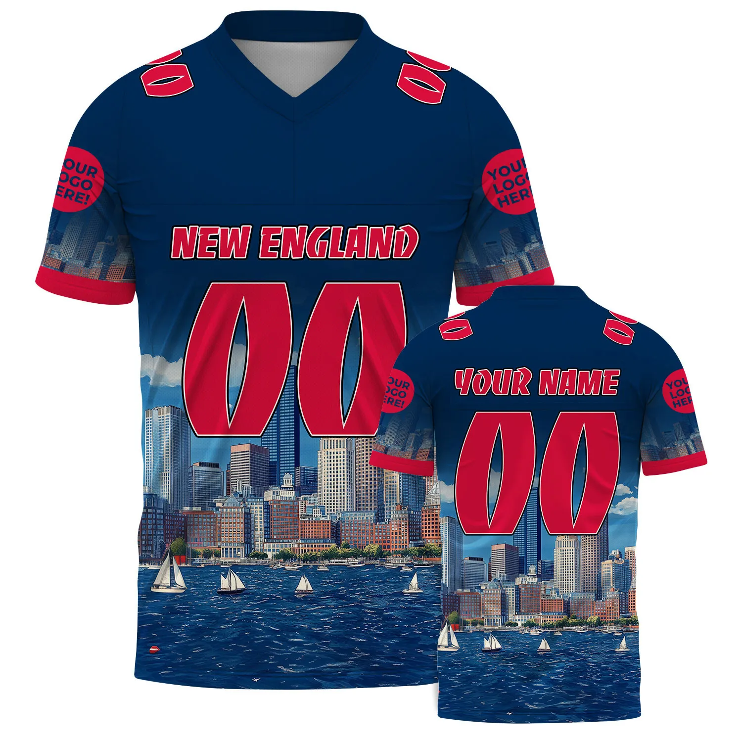 Nautical Blue Red New England Massachusetts John Hancock Tower Summer Day Football Jersey For Men & Women