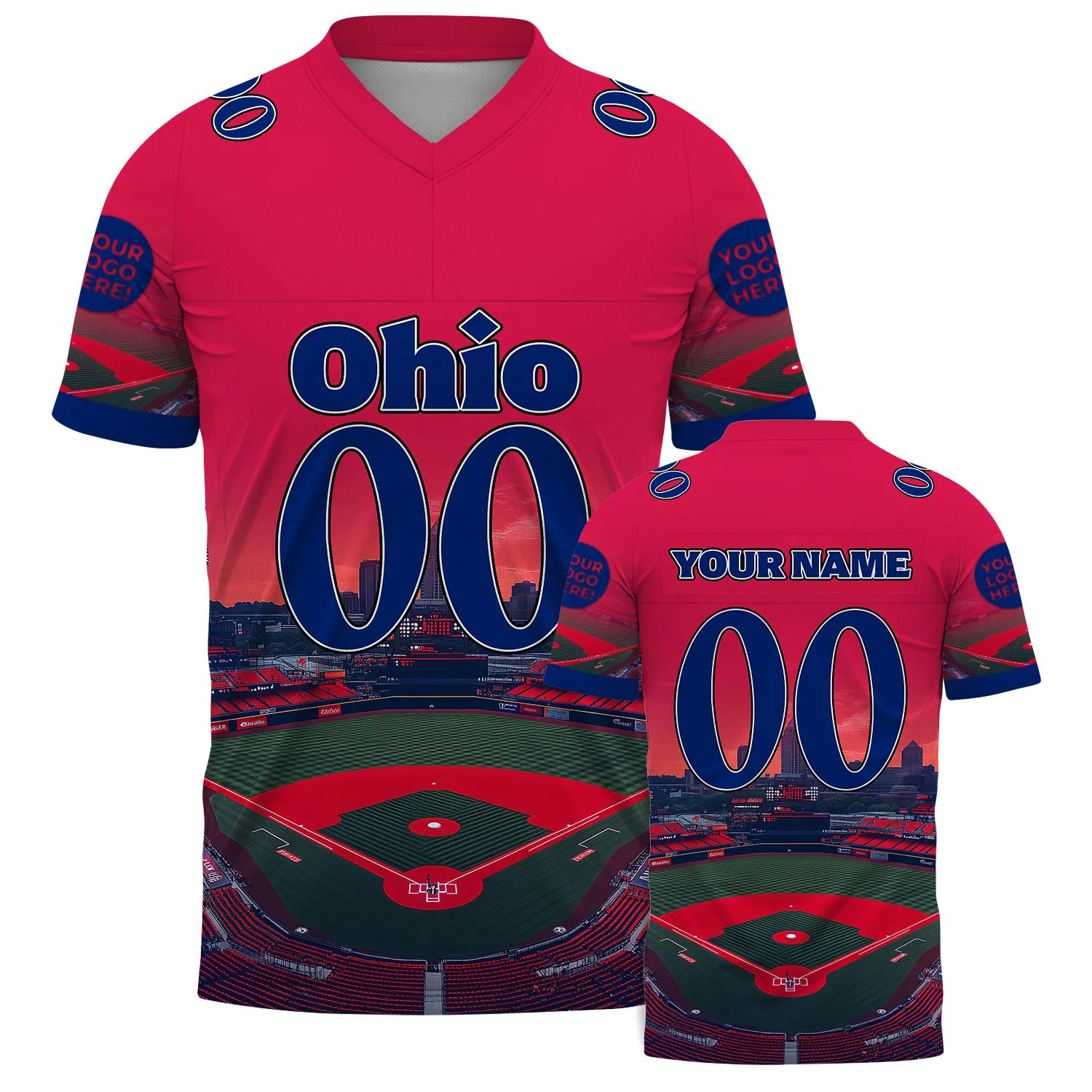 Red Navy Ohio Progressive Field City Skyline Football Jersey For Men & Women