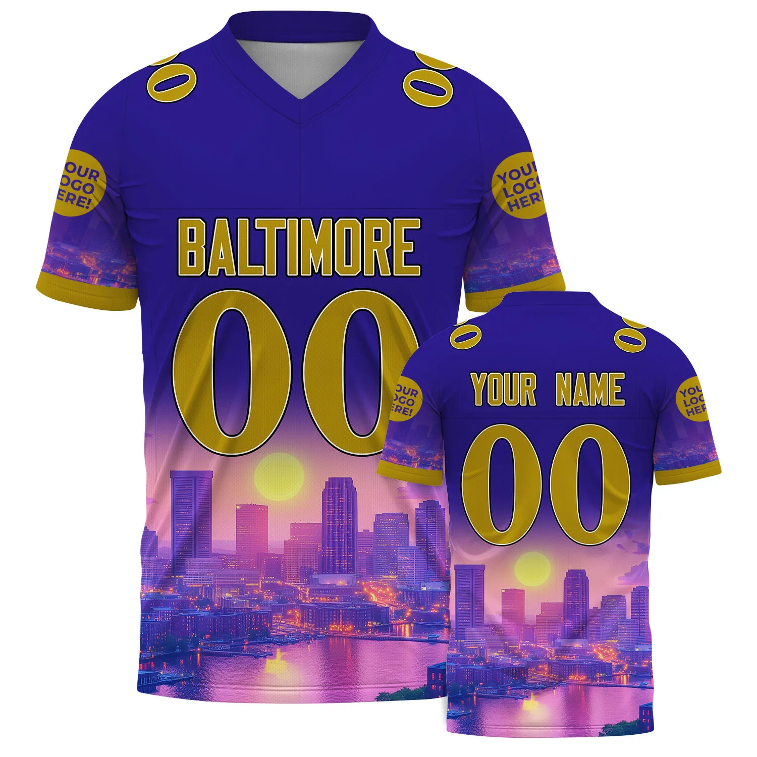Purple Metallic Gold Baltimore Maryland Transamerica Tower Sunset Football Jersey For Men & Women