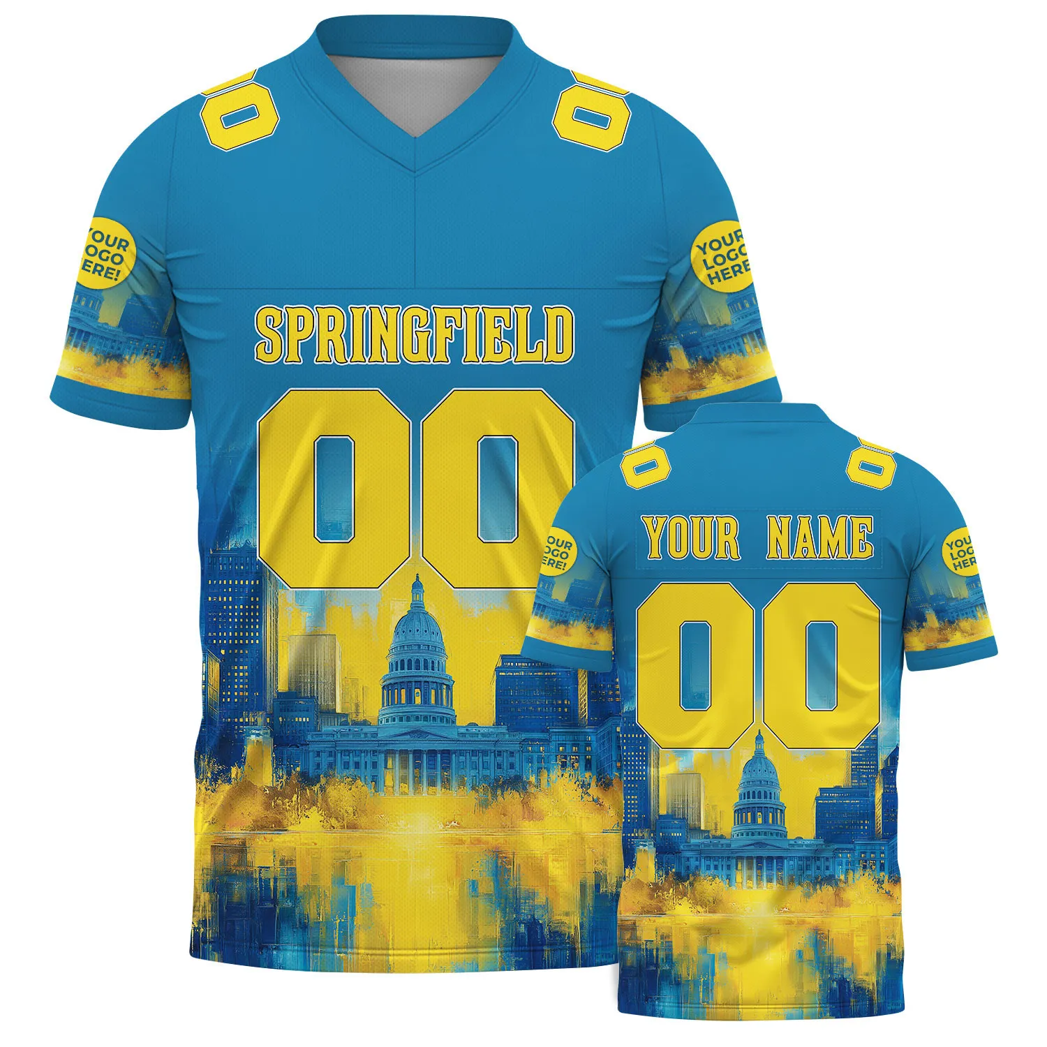 Light Blue Yellow Springfield Illnois State Capitol Football Jersey For Men & Women
