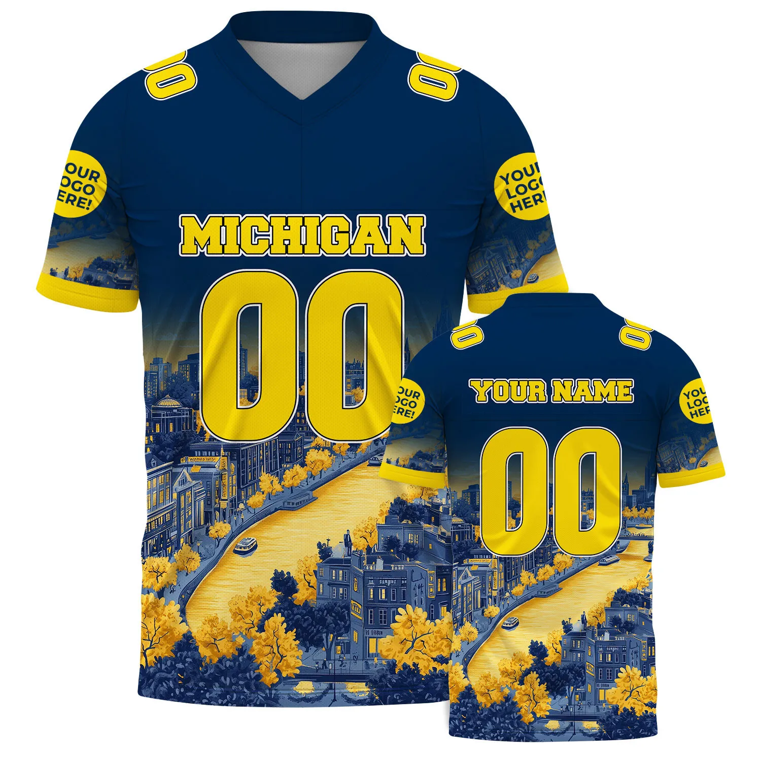 Navy Yellow Michigan Renaissance Center Detroit River Autumn Day Football Jersey For Men & Women