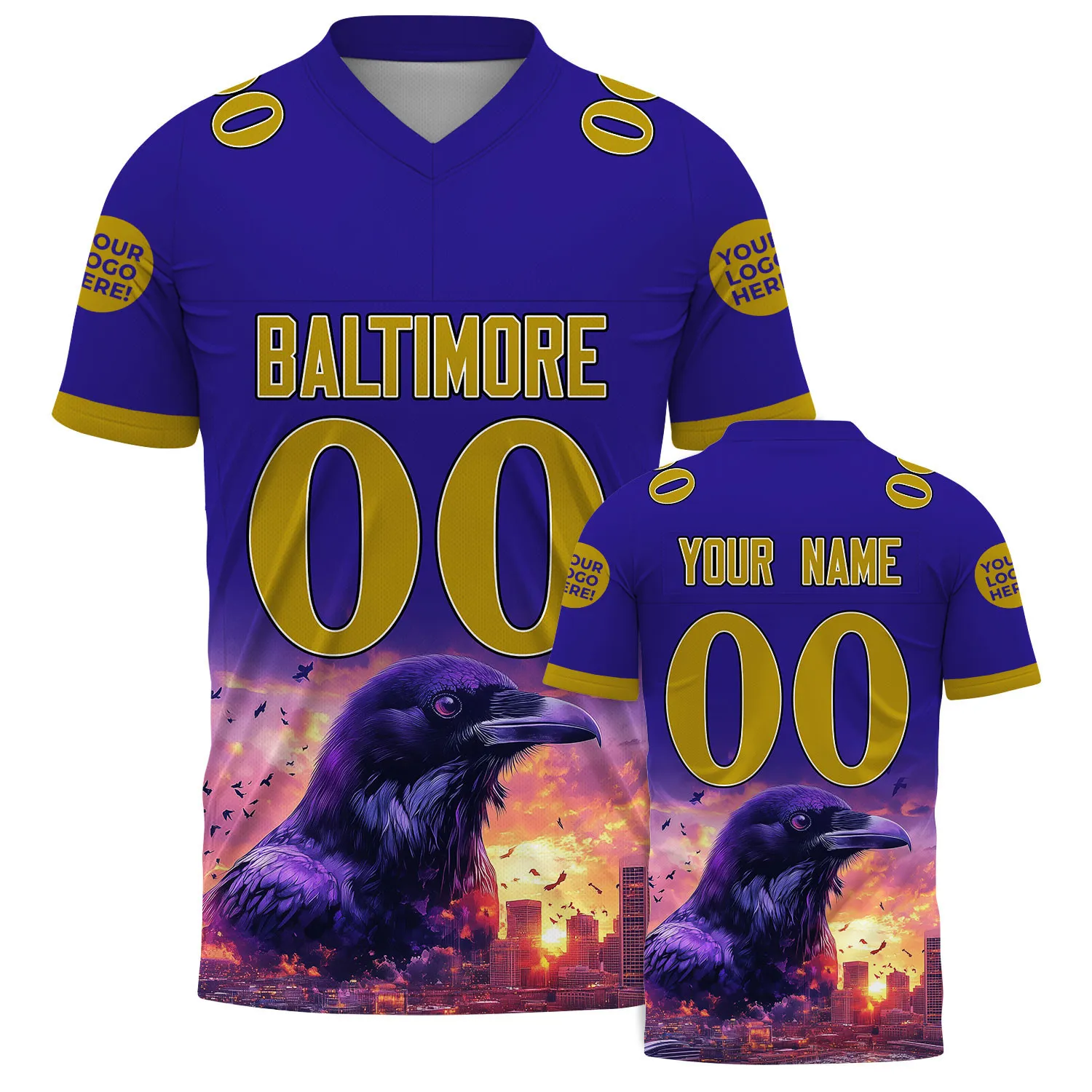 Purple Metallic Gold Baltimore Maryland Huge Crow City Sunset Football Jersey For Men & Women