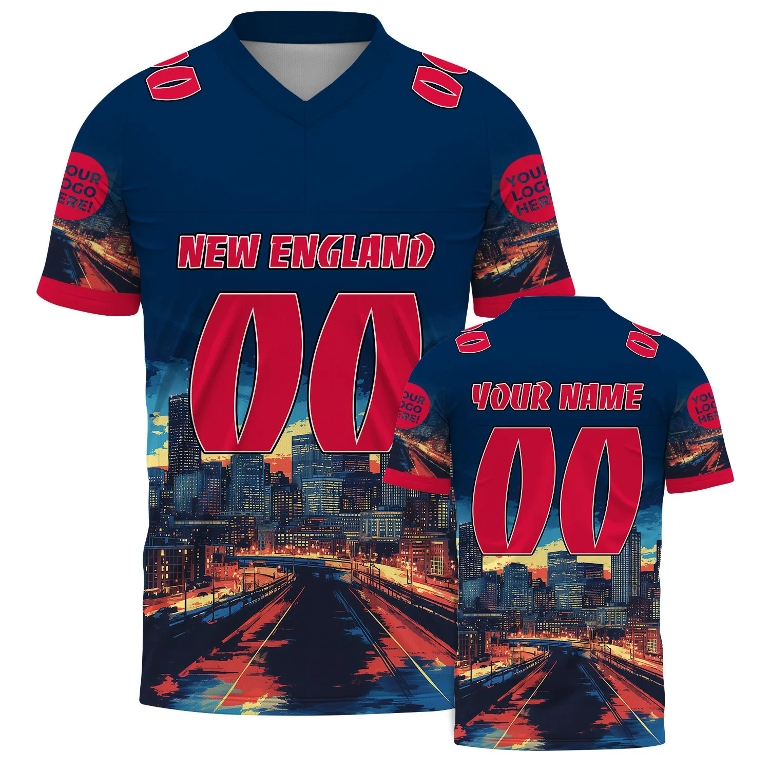 Nautical Blue Red New England Massachusetts City Roadways City Night Skyline Football Jersey For Men & Women