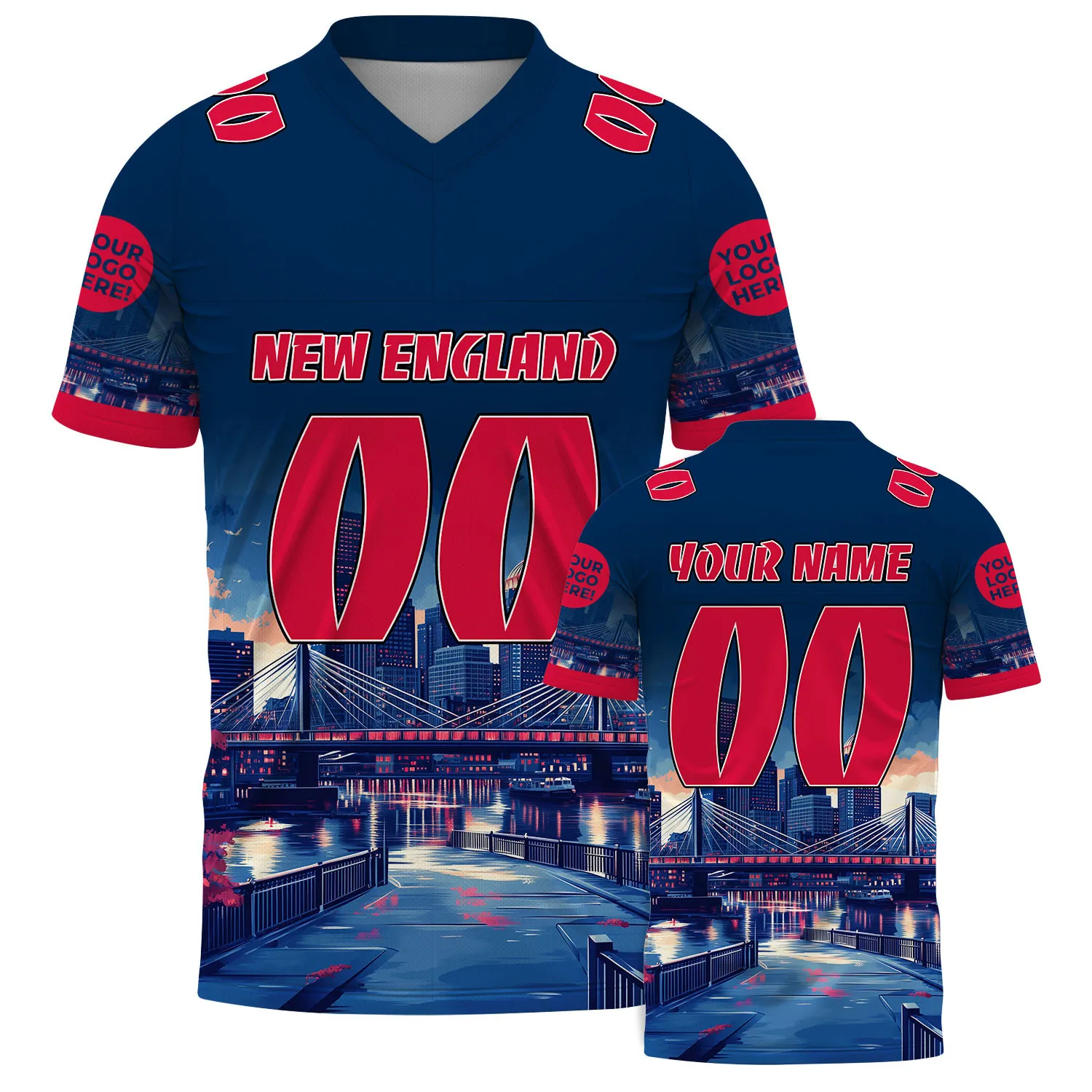 Nautical Blue Red New England Boston Zakim Bridge Tranquil City Football Jersey For Men & Women