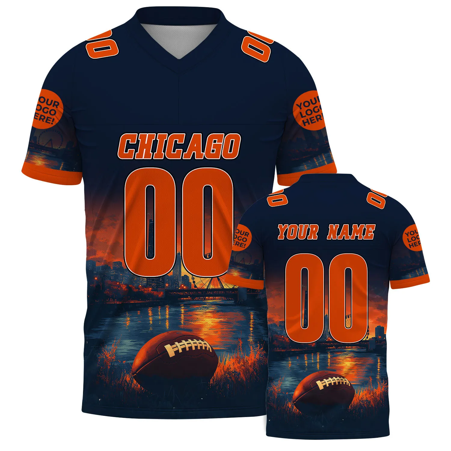 Navy Burnt Orange Chicago Illnois Centennial Wheel City Sunset Football Jersey For Men & Women
