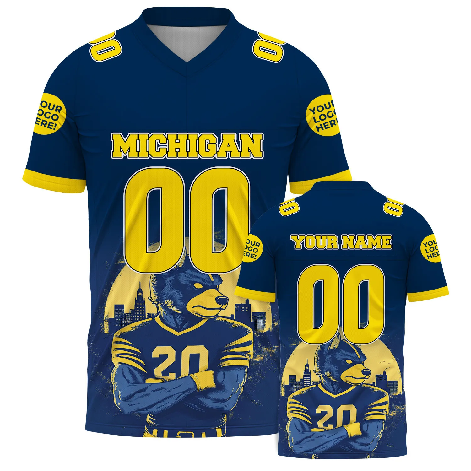 Blue Maize Yellow Ann Arbor Michigan Rugby Wolf City Backdrop Football Jersey For Men & Women