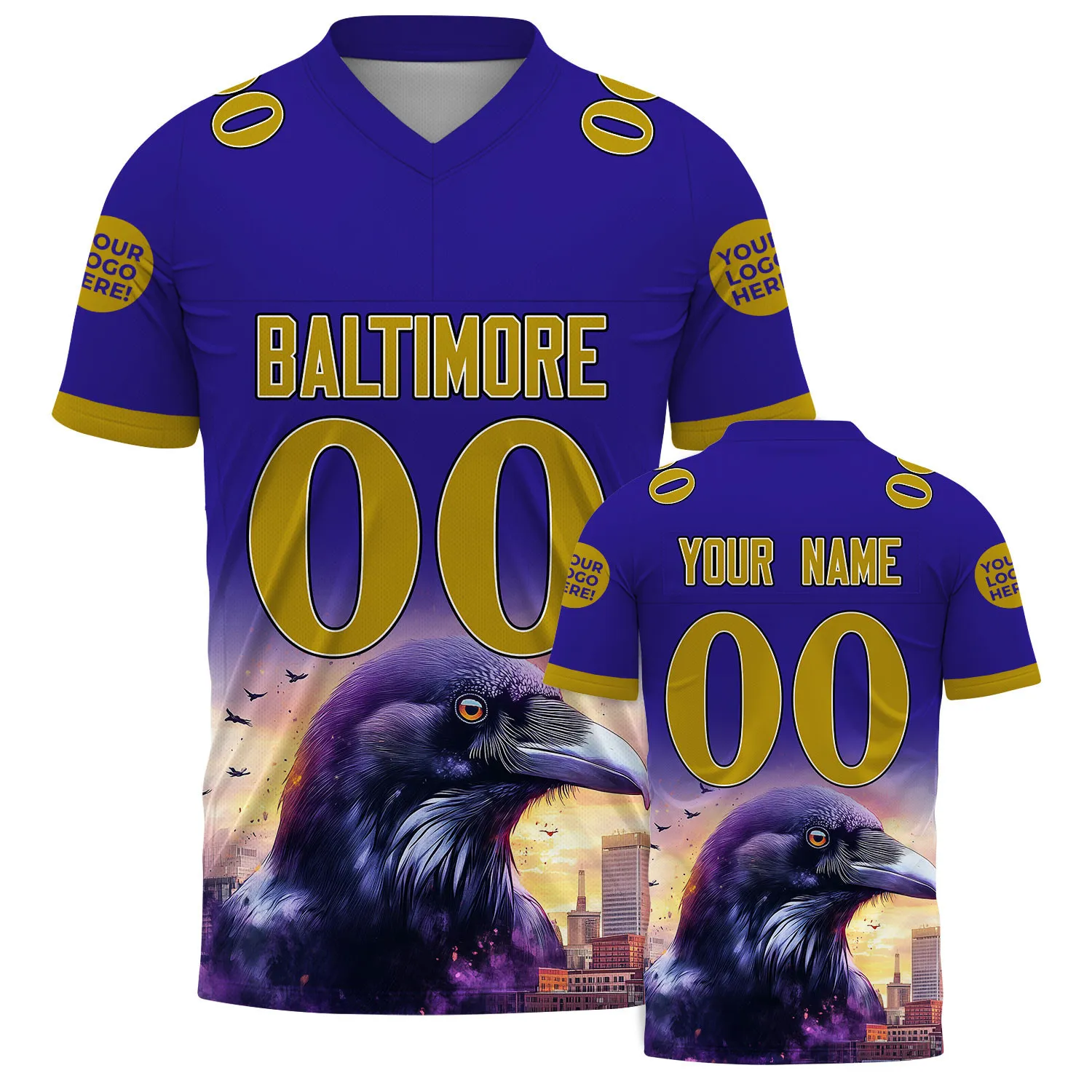 Purple Metallic Gold Baltimore Maryland Huge Crow Tranquil City Football Jersey For Men & Women