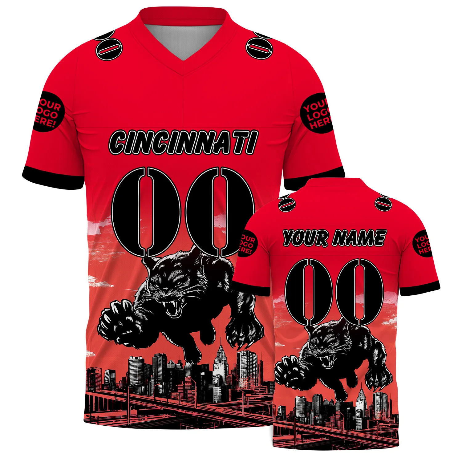 Black Red Cincinnati Ohio Sleek Black Bearcat City Backdrop Custom Name Football Jersey For Men & Women