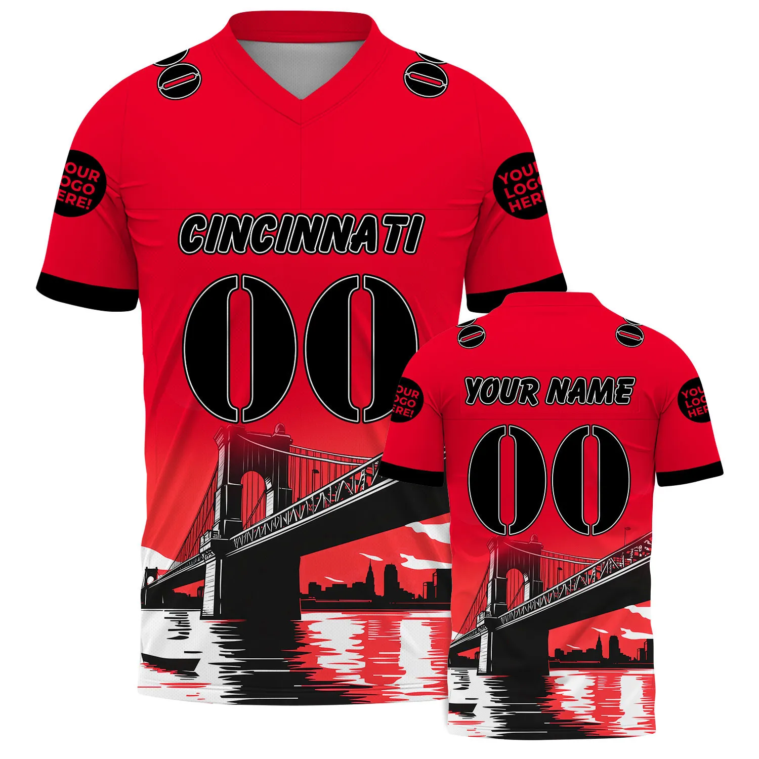 Black Red Cincinnati Ohio John A Roebling Suspension Bridge River View Custom Name Football Jersey For Men & Women