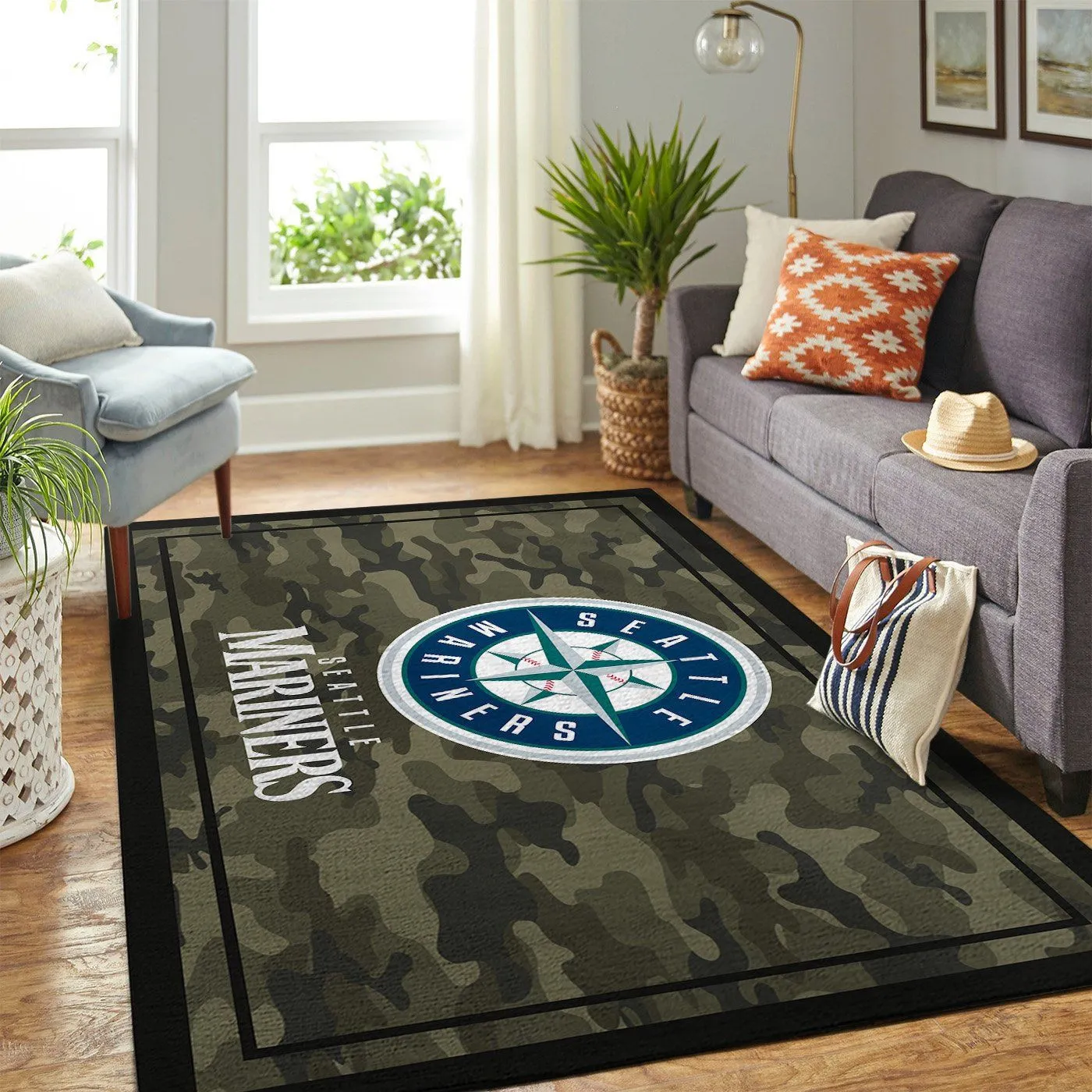 Seattle Mariners MLB Team Logo Camo Style Nice Gift Rectangle Area Rugs Carpet For Living Room, Bedroom, Kitchen Rugs, Non-Slip Carpet 115LM-5517