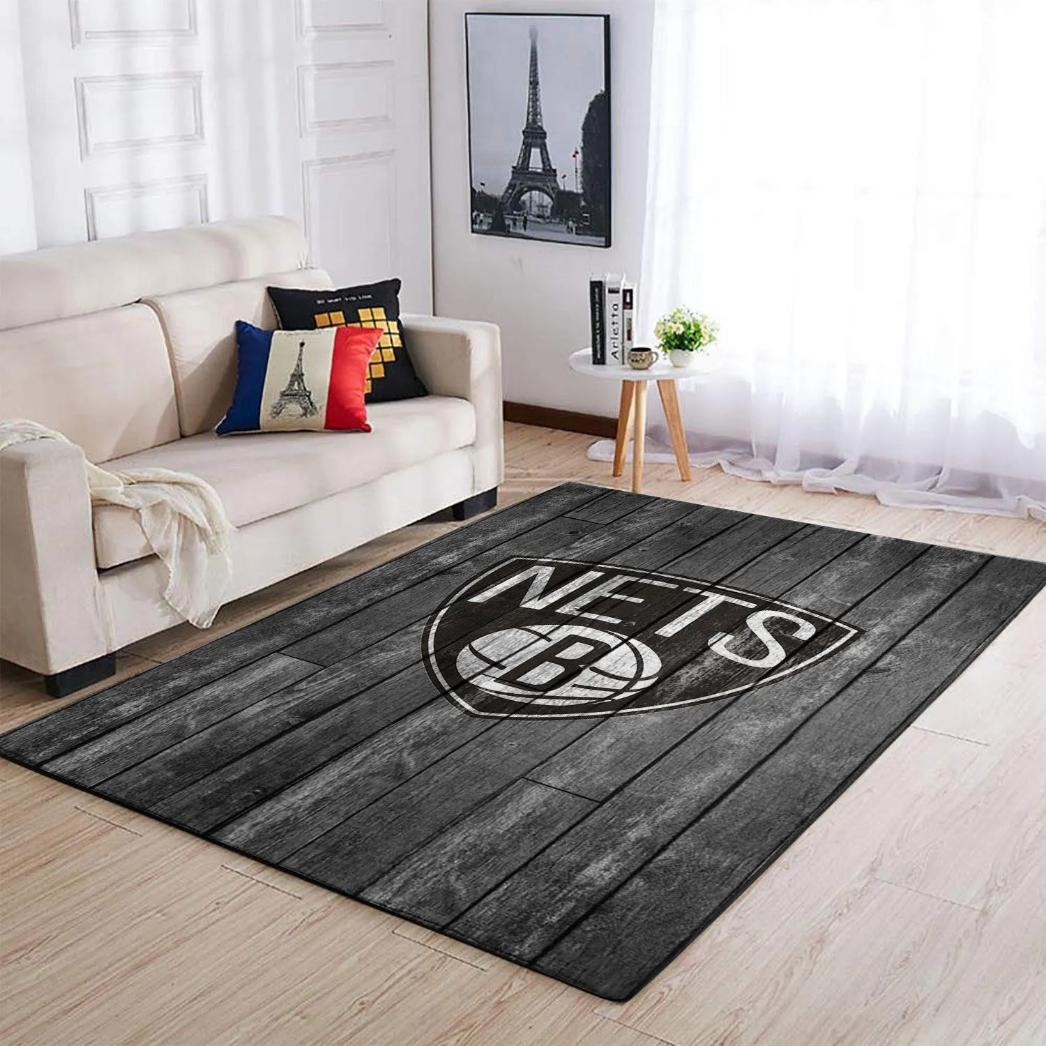 Brooklyn Nets NBA Team Logo Grey Wooden Style Area Rugs For Living Room Rectangle Rug Bedroom Rugs Carpet Flooring Gift 561JD-2992