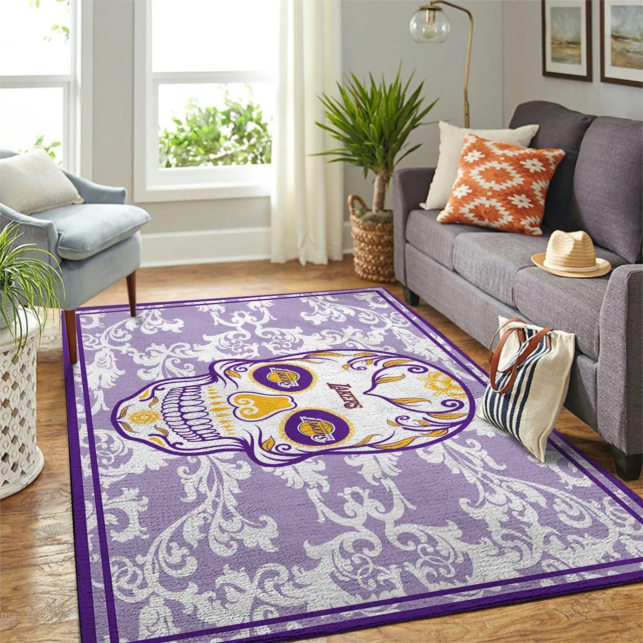 Los Angeles Laker NBA Team Logo Skull Flower Style Nice Gift Rectangle Area Rugs Carpet For Living Room, Bedroom, Kitchen Rugs, Non-Slip Carpet 850DB-5859
